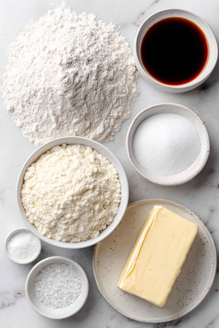 Easy Bavarian Pretzels Recipe 7 Flat lay of a small mound of unbleached all-purpose flour dusted lightly with flour, a small white ceramic bowl of warm water, a packed white ceramic bowl of active dry yeast granules, a small white ceramic bowl with a dark amber pool of barley malt syrup, a slab of salted butter with a slight sheen, a small white ceramic bowl of coarse pretzel salt crystals, a small white ceramic bowl filled with baking soda powder, and a small white ceramic bowl of clear boiling water placed symmetrically on a clean white marble surface, soft natural light, photo taken with an iPhone, professional food photography style, fresh ingredients, white ceramic bowls, no bottles, no duplicates, no utensils, no packaging --ar 2:3 --v 7 --p m7354615311229779997 - Easy Bavarian Pretzels, homemade Bavarian pretzels, soft chewy pretzels, authentic pretzel recipe, how to make Bavarian pretzels