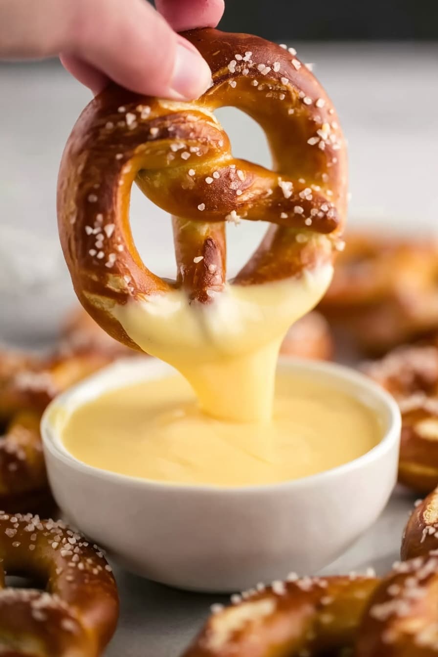 Creamy Cheddar Cheese Sauce for Pretzels Recipe 6 A close-up of a golden brown pretzel with coarse salt sprinkled on top being dipped into a smooth, creamy yellow cheese sauce in a small white bowl. The woman's hand holds the pretzel from the top, and the cheese sauce clings and stretches as the pretzel is dipped. In the background, there is a white marbled surface with more pretzels blurred out, creating a warm and inviting feel. The lighting highlights the soft texture of the pretzel and the glossy cheese sauce. photo taken with an iphone --ar 2:3 --v 7 - Creamy Cheddar Cheese Sauce for Pretzels, cheese dip for pretzels, easy cheese sauce recipe, homemade pretzel dip, cheesy pretzel topping