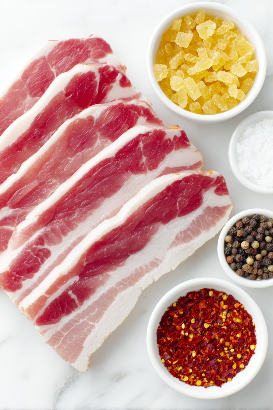 Sweet and Spicy Candied Bacon Recipe 7 Flat lay of thick-cut raw bacon slices arranged neatly, a small white ceramic bowl filled with golden brown sugar crystals, a small white ceramic bowl containing cracked black peppercorns, a small white ceramic bowl with vibrant red crushed red pepper flakes, and a small white ceramic bowl holding fine cayenne pepper powder, all ingredients fresh and natural, placed on a clean white marble surface, soft natural light, photo taken with an iPhone, professional food photography style, fresh ingredients, white ceramic bowls, no bottles, no duplicates, no utensils, no packaging --ar 2:3 --v 7 --p m7354615311229779997 - Sweet and Spicy Candied Bacon, candied bacon, spicy bacon recipes, caramelized bacon, easy bacon snacks