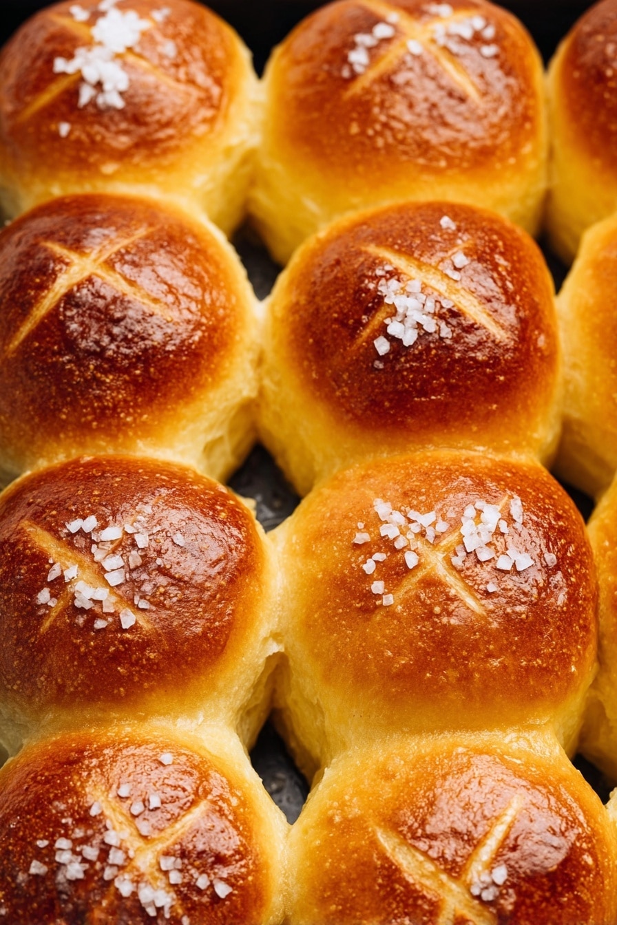 A close-up view of nine golden brown soft dinner rolls arranged tightly in a 3x3 grid. Each roll has a smooth, shiny top with a warm yellow to deep brown gradient, some showing a light X cut on top. Coarse grains of white salt are sprinkled all over the tops, adding texture and contrast to the bread. The sides of the rolls are lighter, creamy yellow, showing their soft and fluffy inside. The rolls rest on a black baking tray against a white marbled background. photo taken with an iphone --ar 2:3 --v 7 - Homemade Pretzel Rolls, pretzel rolls recipe, soft pretzel rolls, warm pretzel buns, easy pretzel bread
