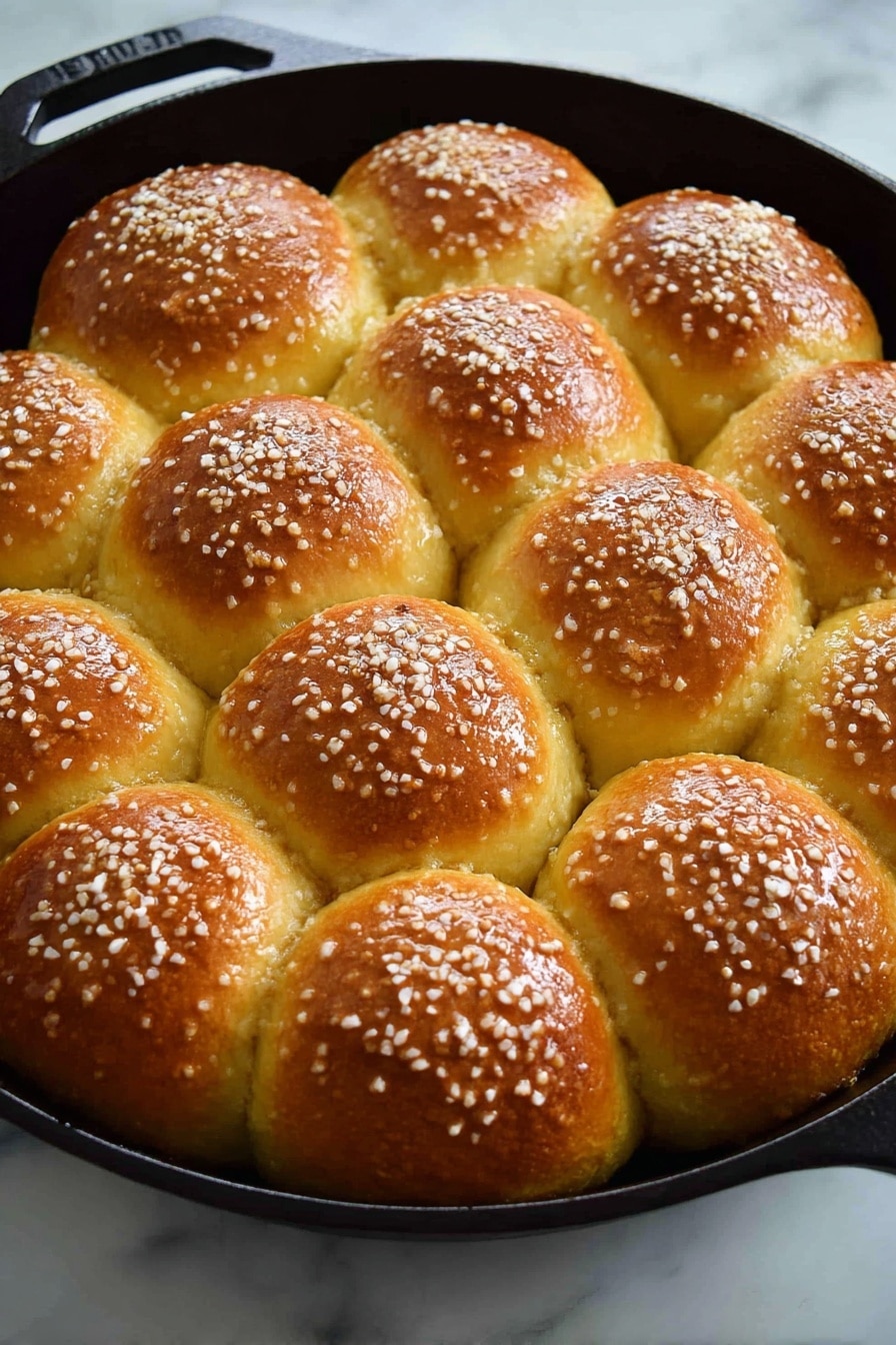 Pull-Apart Pretzel Rolls Recipe 6 The image shows a black cast iron pan filled with fifteen round bread rolls arranged tightly in a 4-4-4-3 pattern. Each roll has a golden brown top with a shiny texture, sprinkled evenly with coarse white salt crystals. The rolls are softly touching each other and have a slightly cracked surface around the edges, showing a soft inner texture. The pan sits on a white marbled surface, and the overall look is warm and fresh, highlighting the bread’s crisp tops and soft sides. Photo taken with an iphone --ar 2:3 --v 7 - Pull-Apart Pretzel Rolls, Pretzel Rolls Recipe, Soft Pretzel Rolls, Homemade Pretzel Rolls, Salty Pretzel Bread