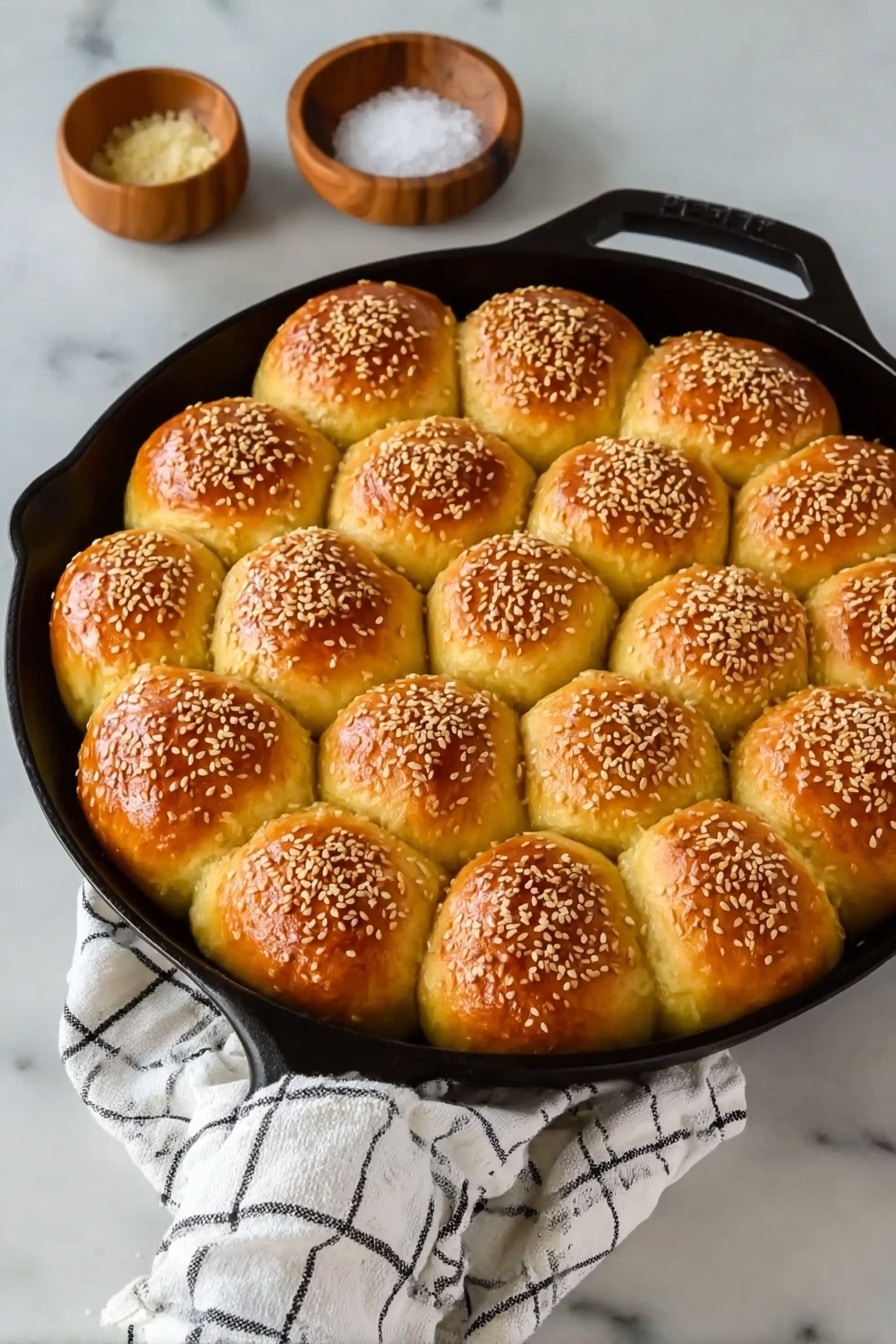 Pull-Apart Pretzel Rolls Recipe 8 A black cast iron skillet filled with fifteen golden brown dinner rolls, each topped with shiny sesame seeds. The rolls are packed closely together in three layers: a middle layer of seven medium-sized rolls surrounded by a layer of seven slightly larger rolls, and a single small roll placed near the center, creating a flower-like pattern. The surface of the rolls looks soft and glossy, with a light crust and a smooth texture. The skillet sits on a white marbled surface with a white and black checkered cloth casually placed underneath the handle. Nearby, a small wooden bowl and a container of coarse salt are visible. photo taken with an iphone --ar 2:3 --v 7 - Pull-Apart Pretzel Rolls, Pretzel Rolls Recipe, Soft Pretzel Rolls, Homemade Pretzel Rolls, Salty Pretzel Bread