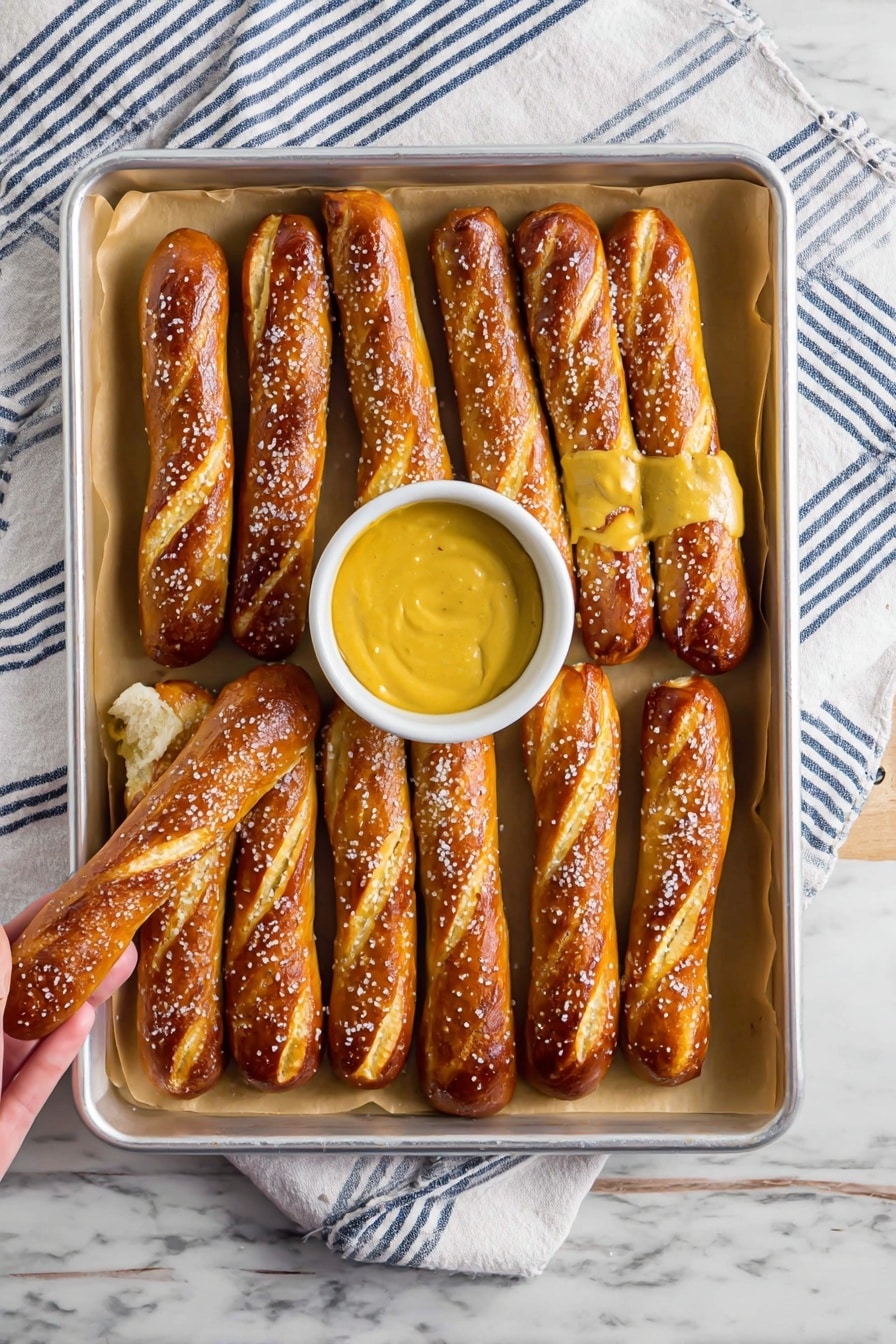 German Soft Pretzel Sticks Recipe 6 A metal tray lined with light brown parchment paper holds ten golden-brown pretzel sticks evenly placed in two rows of five. The pretzels have a slightly shiny surface sprinkled with coarse salt grains, showing a soft and smooth texture with some darker, crispy areas on top. In the center of the tray sits a small white bowl filled with bright yellow mustard. One pretzel stick is dipped into the mustard, held by a woman's hand, showing a close-up of the soft and crunchy bread. The tray is set on a white marbled texture with a white cloth having blue stripes underneath photo taken with an iphone --ar 2:3 --v 7 - German Soft Pretzel Sticks, soft pretzel sticks recipe, homemade pretzel sticks, salty pretzel snacks, easy pretzel recipes
