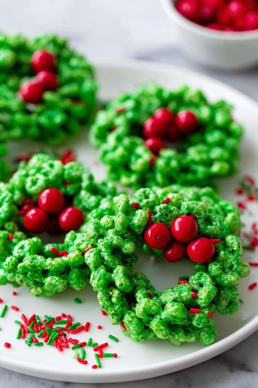 The image shows several small wreath-shaped treats placed closely on a white plate. Each wreath has a bright, shiny green color with a bumpy texture made from clusters of puffed cereal stuck together, shaped into a ring. On top of each green wreath, there are clusters of three shiny red candy pieces, resembling berries. Around the wreaths on the plate are scattered small red and green sprinkles, adding extra color and detail. The background includes a smooth white marbled surface. photo taken with an iphone --ar 2:3 --v 7 - Festive Green Wreath Cookies, holiday Christmas cookies, wreath-shaped cookies, easy holiday cookie recipe, colorful Christmas treats