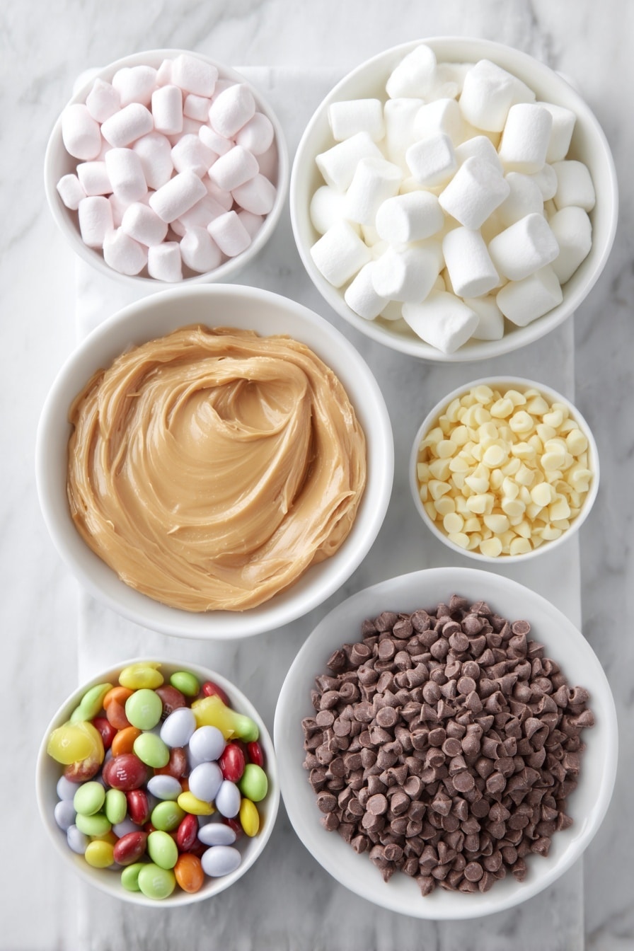 Flat lay of a small mound of glossy semi-sweet chocolate chips, a heap of smooth golden butterscotch chips, a dollop of creamy peanut butter on a white ceramic plate, a small white bowl filled with fluffy mini marshmallows, a small white bowl brimming with colorful M&Ms, all arranged with perfect symmetry and balanced proportions, placed on a clean white marble surface, soft natural light, photo taken with an iPhone, professional food photography style, fresh ingredients, white ceramic bowls, no bottles, no duplicates, no utensils, no packaging --ar 2:3 --v 7 --p m7354615311229779997 - M&M's Marshmallow Dream Bars, colorful marshmallow bars, easy chocolate marshmallow bars, no-bake dessert bars, party treat bars