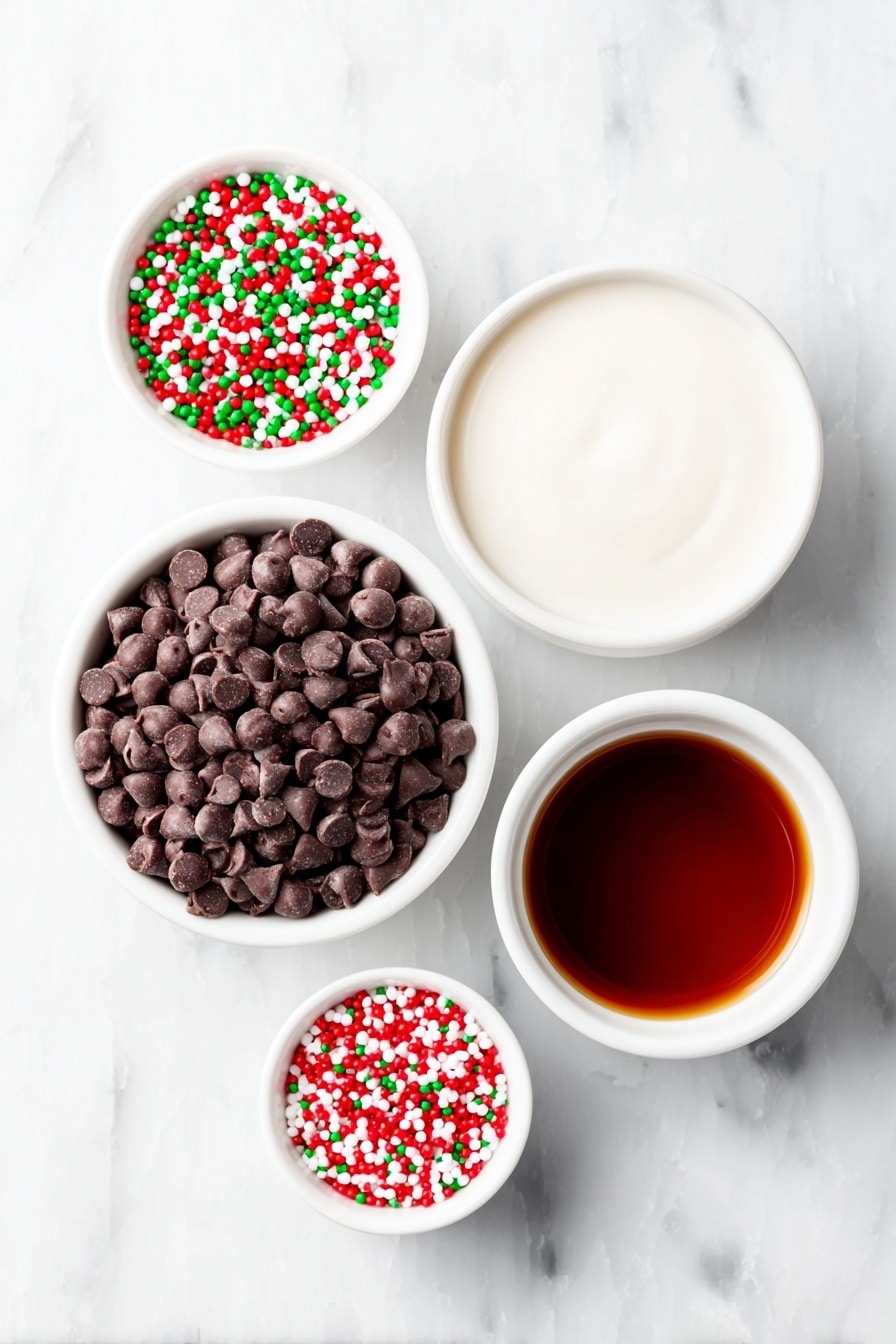 Flat lay of semi sweet chocolate chips in a small white ceramic bowl, a small white ceramic bowl filled with glossy sweetened condensed milk, a small white ceramic bowl holding amber-colored Kahlua liquor, and a small white ceramic bowl overflowing with red, green, and white round nonpareil sprinkles, arranged symmetrically and balanced, all ingredients fresh and natural, placed on a clean white marble surface, soft natural light, photo taken with an iPhone, professional food photography style, fresh ingredients, white ceramic bowls, no bottles, no duplicates, no utensils, no packaging --ar 2:3 --v 7 --p m7354615311229779997 - Chocolate Kahlua Truffles, Kahlua chocolate truffles, homemade chocolate confections, boozy chocolate treats, easy gourmet truffles