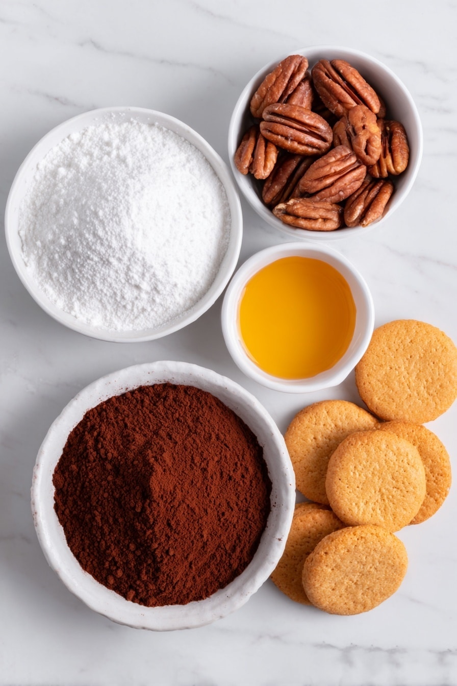 Flat lay of a small pile of round vanilla wafers, a handful of whole pecans scattered naturally, a small white bowl filled with fine powdered sugar, a small white bowl containing rich unsweetened cocoa powder, a small white bowl holding golden honey, and a small white bowl with dark amber rum, all arranged symmetrically and spaced evenly, placed on a clean white marble surface, soft natural light, photo taken with an iPhone, professional food photography style, fresh ingredients, white ceramic bowls, no bottles, no duplicates, no utensils, no packaging --ar 2:3 --v 7 --p m7354615311229779997 - Rum Balls, Rum Balls recipe, Easy Rum Balls, Chocolate Rum Balls, No-Bake Rum Balls