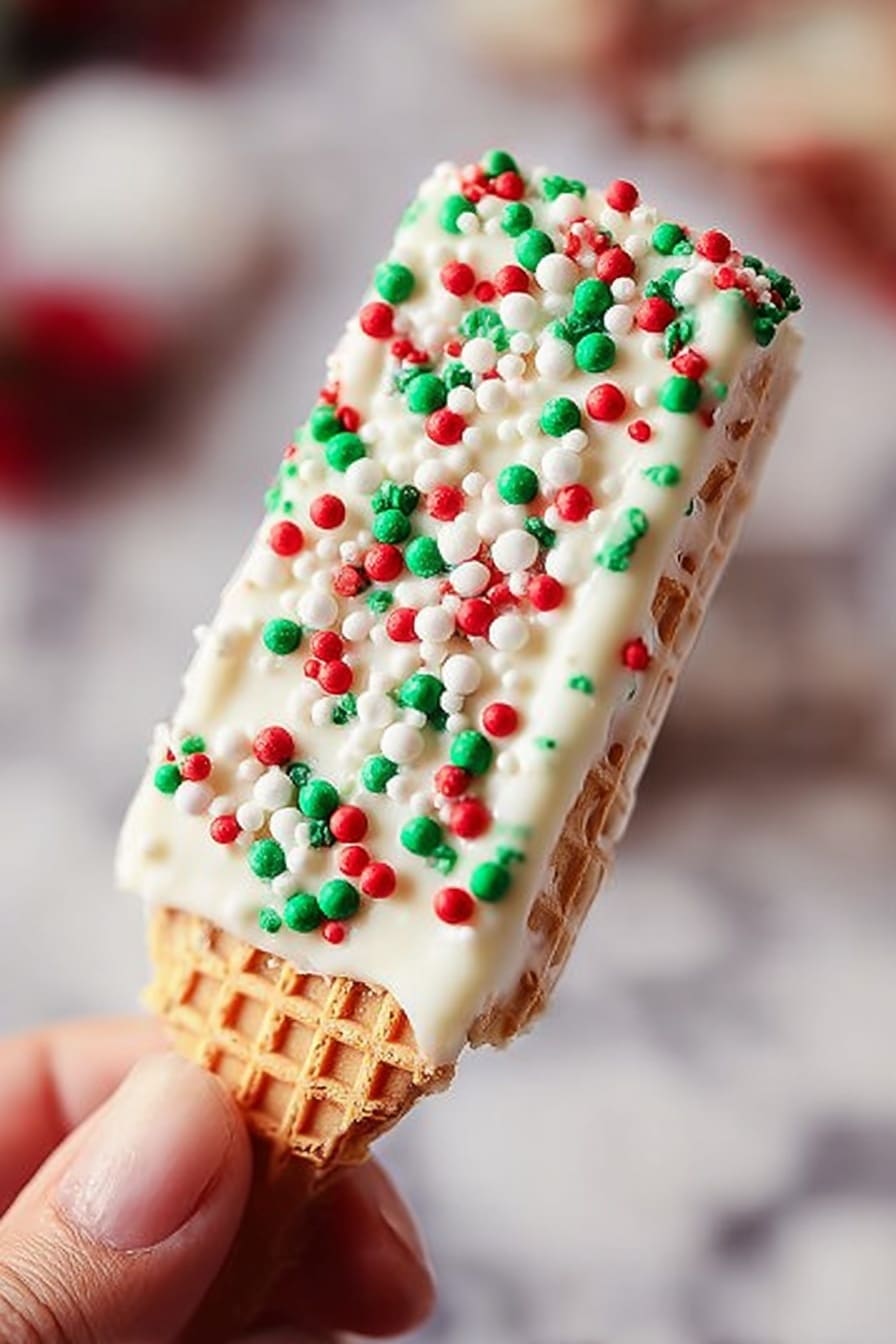 A rectangular vanilla ice cream bar on a beige waffle cone is held by a woman's hand at the bottom right corner, showing a close-up view. The ice cream is coated in white chocolate and covered with small round sprinkles in red, green, and white, which create a festive look. The background is softly blurred, with a white marbled texture appearing faintly in the farthest parts. The focus is sharp on the ice cream bar and the woman's hand, highlighting the smoothness of the vanilla layer and the crunchy texture of the waffle. Photo taken with an iphone --ar 2:3 --v 7 - Christmas White Chocolate Dipped Sugar Wafers, festive holiday treats, easy holiday dessert recipes, white chocolate candy ideas, holiday gift sweets