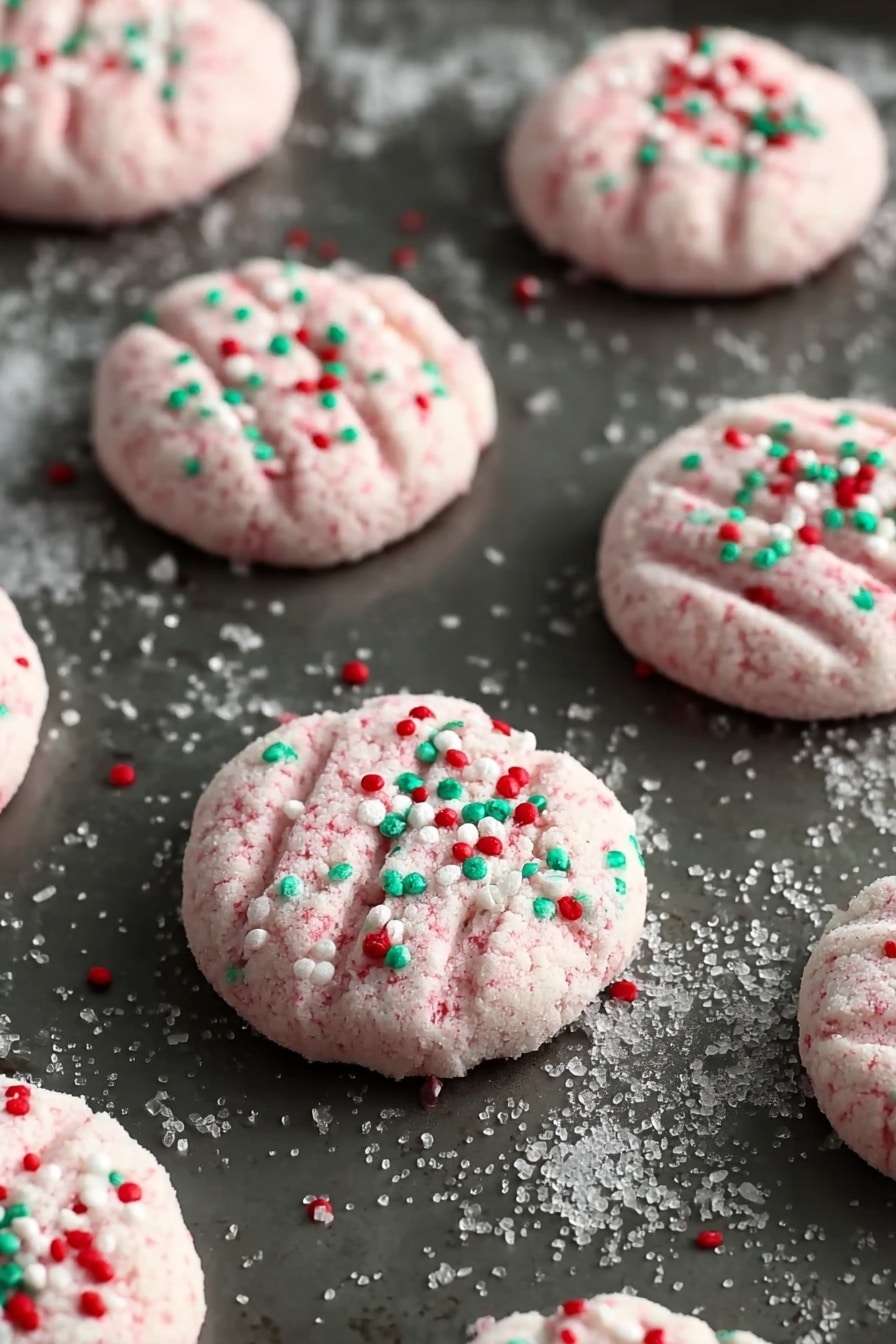 The image shows several round cookies on a dark baking tray set against a white marbled background. Each cookie has a light pink base with a soft, slightly crumbly texture and is topped with small red, white, and green round sprinkles scattered evenly. The tops of the cookies have gentle ridges pressed into them, creating a pattern that adds texture. The cookies are spaced nicely apart, with some scattered sugar granules on the tray around them. Photo taken with an iphone --ar 2:3 --v 7 - Christmas Mint Cookies, Mint Cookies Recipe, Holiday Cookies, No-Bake Mint Cookies, Festive Cookie Recipes