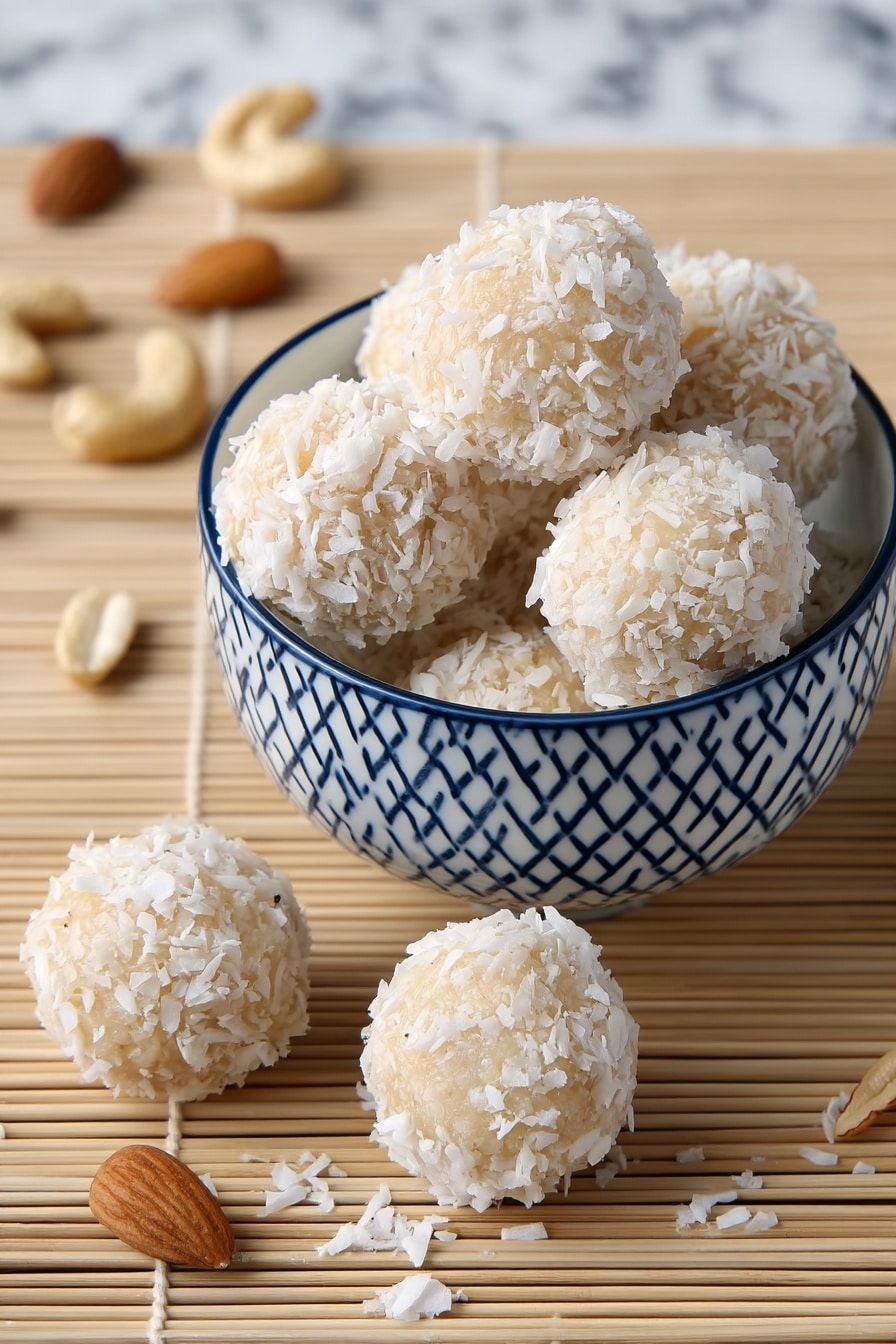 The image shows a white bowl with a blue geometric pattern filled with round dessert balls covered in shredded white coconut. The balls have a light beige color underneath the coconut flakes. Outside the bowl, there are three similar coconut-covered balls placed on a beige bamboo mat, with small pieces of nuts scattered around. The texture of the balls is rough because of the coconut, and the bowl is centered on the mat with a few balls leaning on each other inside it. The background is a white marbled surface photo taken with an iphone --ar 2:3 --v 7 - Orange Coconut Snowballs, tropical citrus treats, no-bake dessert bites, easy coconut confections, citrus coconut sweets