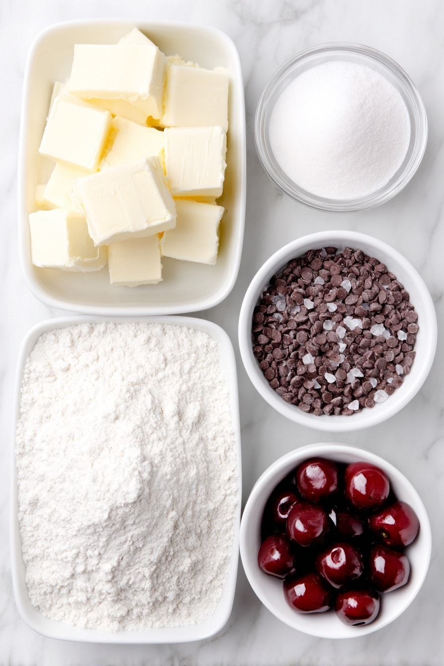 Flat lay of a small pile of unsalted butter cubes, a small white bowl filled with powdered sugar, a small white bowl of clear vanilla extract, a mound of all-purpose flour, a few whole maraschino cherries with glossy red skins, a small white bowl holding shiny dark chocolate chips, and a small white bowl with fine salt crystals, all arranged in perfect symmetry on a clean white marble surface, soft natural light, photo taken with an iPhone, professional food photography style, fresh ingredients, white ceramic bowls, no bottles, no duplicates, no utensils, no packaging --ar 2:3 --v 7 --p m7354615311229779997 - Maraschino Cherry Shortbread Cookies, holiday shortbread cookies, cherry buttery cookies, easy festive cookies, cherry shortbread recipe