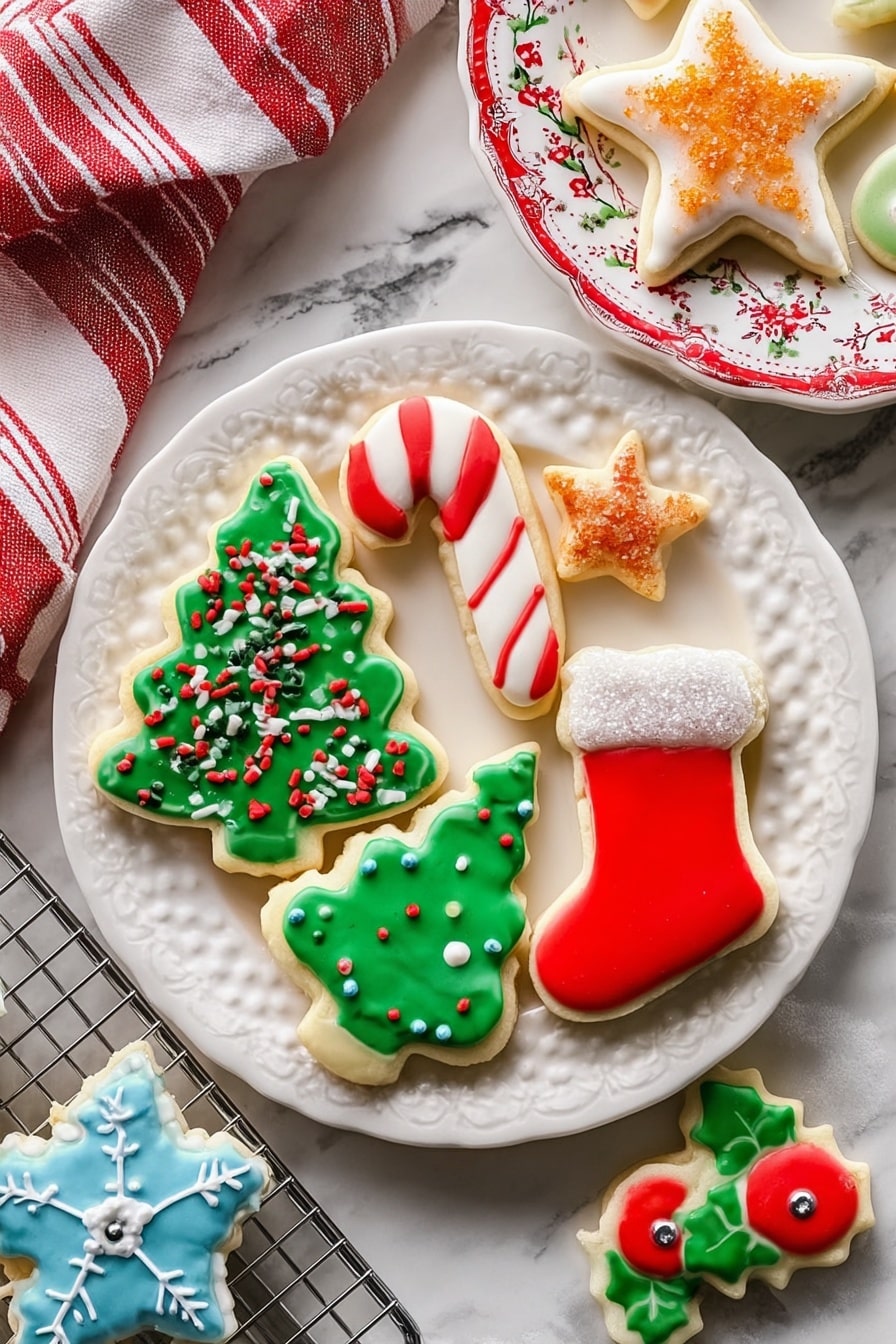 There is a white plate with textured edges holding five decorated Christmas cookies: a green Christmas tree with red and white sprinkles and a cluster of yellow dots at the top, a red stocking with smooth red and white icing layers, a white star with orange sugar crystals on top, and two small holly leaf cookies with green icing and a red ball at the stem. To the right is a white plate with a red floral pattern, holding a larger candy cane cookie with red and white stripes, a green Christmas tree with red and white sprinkles and yellow dots on top, two small green holly leaves with a red ball, and a small round red cookie. Below this plate is a cooling rack with a blue snowflake cookie decorated with white icing dots and silver balls at the tips. The cookies sit on a white marbled surface with a red and white striped cloth partially visible in the background. Photo taken with an iphone --ar 2:3 --v 7 - Soft Cutout Sugar Cookies, cutout sugar cookie recipe, tender sugar cookies, decorated cookie recipe, holiday sugar cookies