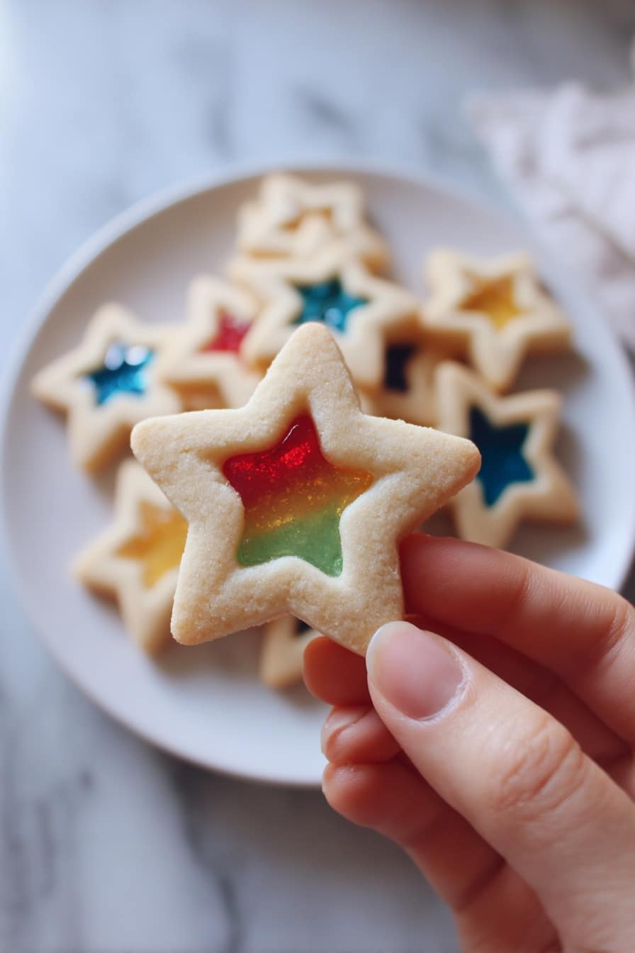 A white plate holds a pile of star-shaped cookies with a smooth light beige outer layer. Each cookie has a smaller star-shaped window in the center filled with a shiny, translucent candy layer in bright colors like red, green, blue, and purple. The candy centers have a glossy texture with tiny bubbles inside them. The cookies are stacked neatly over a white marbled surface, showing off the contrast between the smooth cookie dough and the colorful candy in the middle. photo taken with an iphone --ar 2:3 --v 7 - Stained Glass Cookies with Jolly Ranchers, colorful holiday cookies, festive cookie ideas, easy stained glass cookies, holiday baking recipes