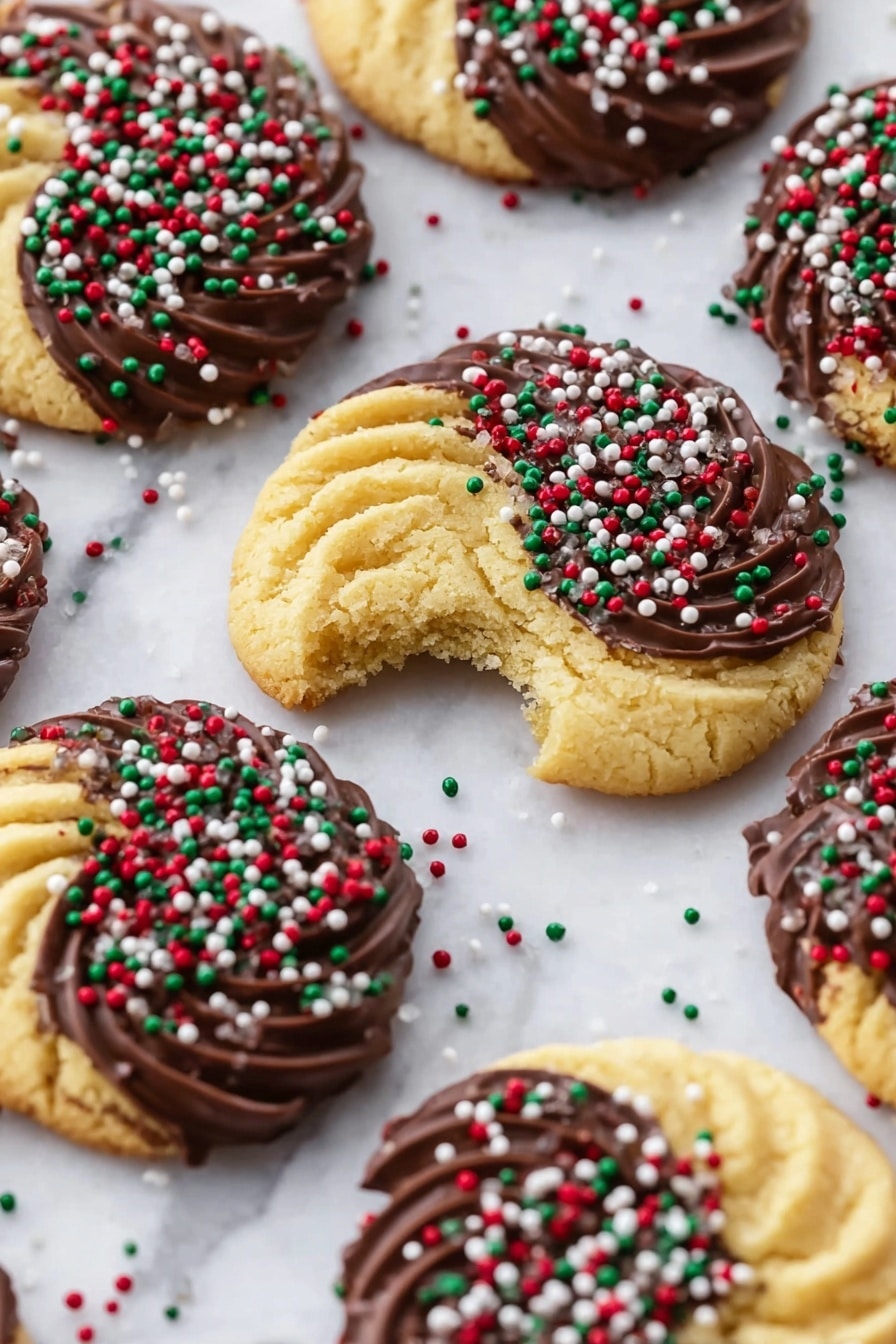The image shows several round cookies with a swirl pattern, each partially dipped in dark brown chocolate on one side, covered with small, round sprinkles in red, green, and white. The cookies are light golden yellow and have a crumbly texture, with one cookie in the center showing a bite taken from it. The cookies are placed evenly spaced on a white marbled surface. Some loose sprinkles are scattered around the cookies. Photo taken with an iphone --ar 2:3 --v 7 - Danish Butter Cookies with Chocolate, Danish Butter Cookies, Chocolate-Dipped Danish Cookies, Easy Danish Cookies, Butter Cookies with Chocolate Dip