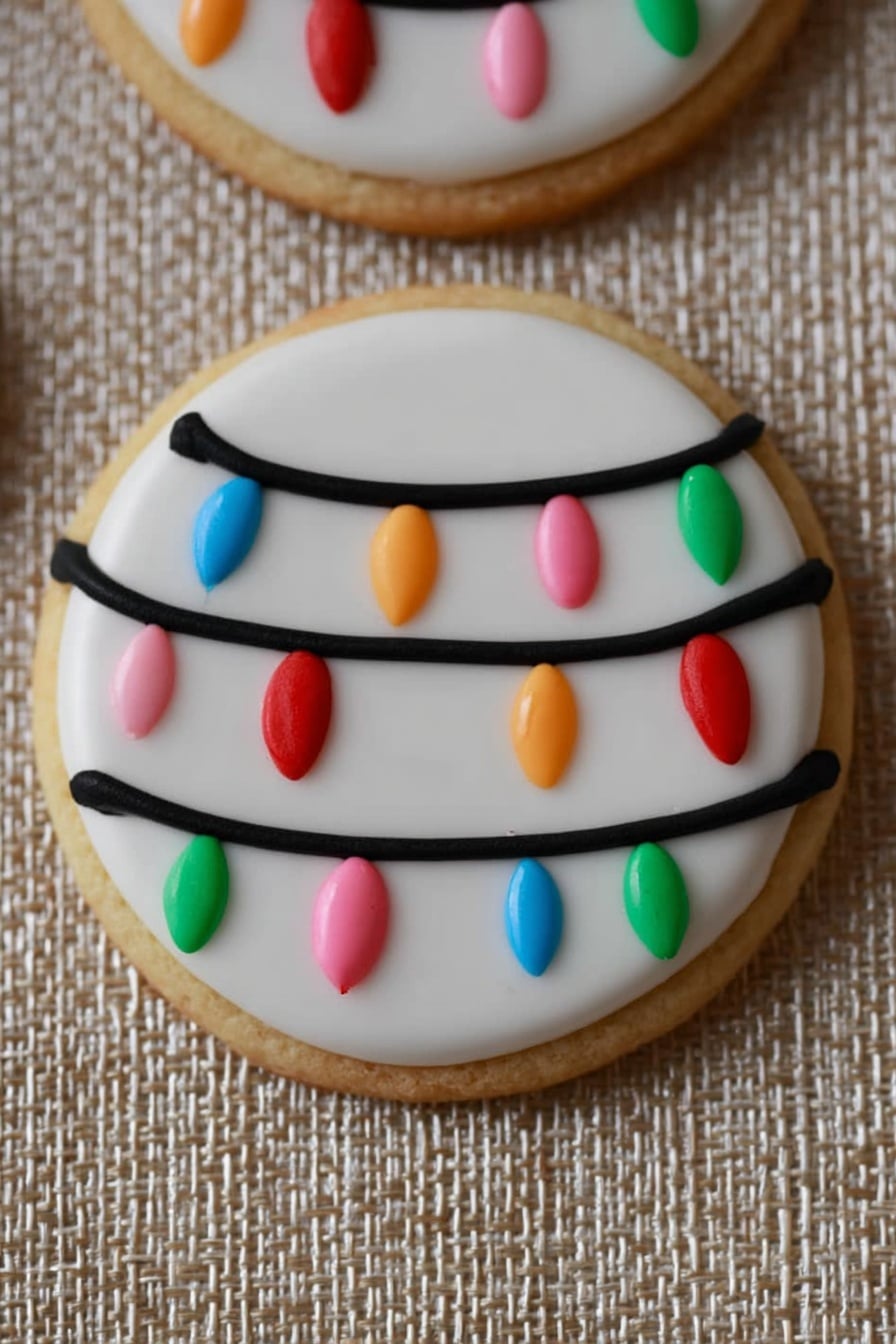Christmas Lights Sugar Cookies Recipe 8 The image shows a round cookie with three layers: the base is a light golden-brown cookie, the second layer is smooth white icing covering the whole top of the cookie, and the third layer is thin black icing forming three curved lines across the cookie. Hanging from these black lines are small, colorful teardrop shapes made with icing in red, blue, green, pink, orange, and yellow, resembling string lights. The cookies rest on a beige woven fabric background. photo taken with an iphone --ar 2:3 --v 7 - Christmas Lights Sugar Cookies, Christmas Lights sugar cookies recipe, festive holiday sugar cookies, Christmas cookies with royal icing, holiday baking ideas