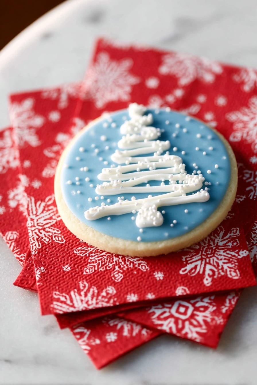 Christmas Shortbread Cookies with Blue Glaze Recipe 6 A round cookie with a smooth blue icing layer covers the top surface, creating a flat, even base. On top of the blue icing, a white icing is piped in a zigzag pattern shaped like a Christmas tree, with a texture that looks soft and creamy. Small white round sprinkles are scattered across the cookie, adding a decorative touch that looks like snow falling on the cookie. The cookie rests on folded red napkins patterned with large white snowflakes, all placed on a white marbled surface. Photo taken with an iphone --ar 2:3 --v 7 - Christmas Shortbread Cookies with Blue Glaze, festive shortbread cookies, holiday cookies with blue glaze, Christmas baking ideas, minty blue glaze cookies