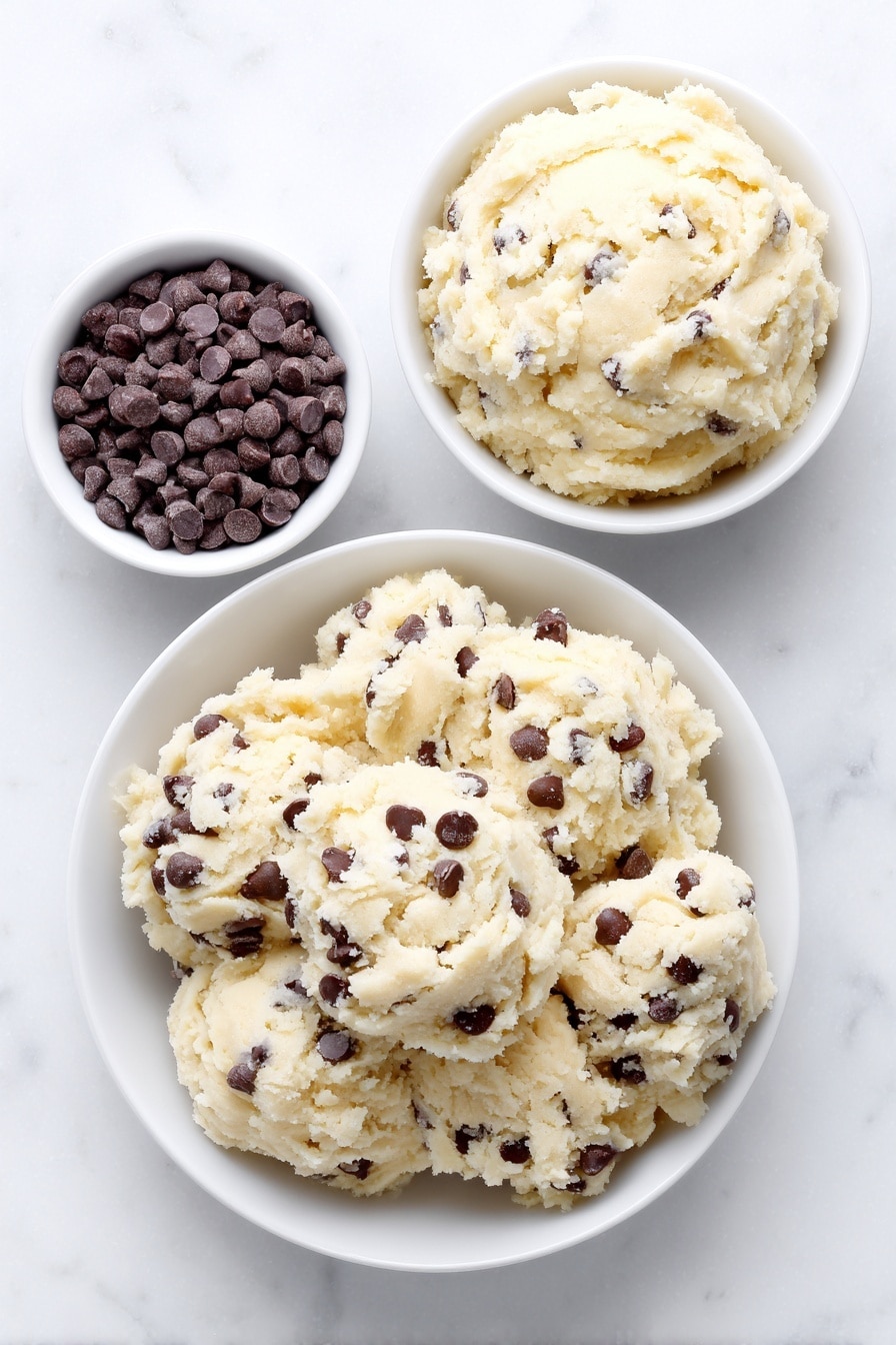 Flat lay of two mounds of fresh chocolate chip cookie dough with visible semi-sweet chocolate chips, placed beside two smooth rounds of pale sugar cookie dough, all arranged on simple white ceramic plates and small white ceramic bowls, placed on a clean white marble surface, soft natural light, photo taken with an iPhone, professional food photography style, fresh ingredients, white ceramic bowls, no bottles, no duplicates, no utensils, no packaging --ar 2:3 --v 7 --p m7354615311229779997 - Chocolate Chip Sugar Cookie Bake, easy cookie bake, layered cookie dessert, no-bake cookie recipes, indulgent cookie treats