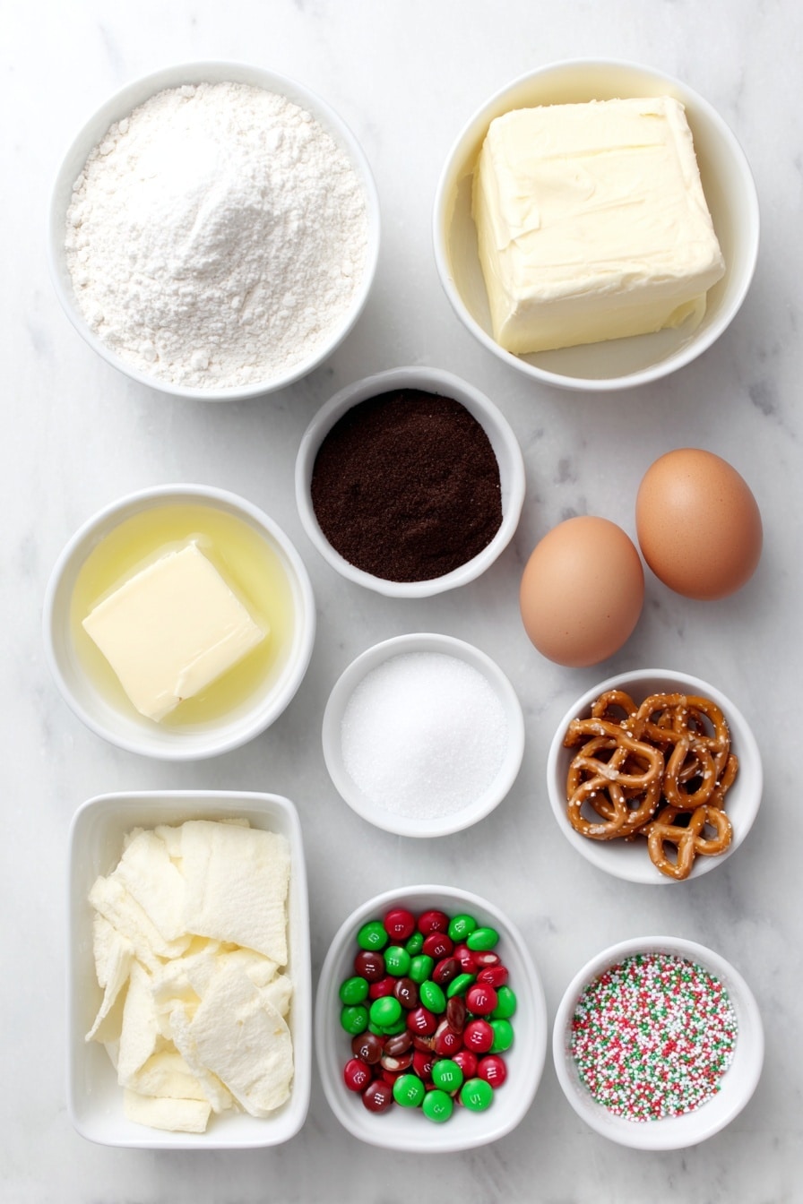 Christmas Cookies with M&Ms and White Chocolate Recipe 7 Flat lay of a small mound of all purpose flour, a pinch of baking powder and baking soda each arranged separately in small white ceramic bowls, a small pile of fine salt, a simple white bowl holding smooth melted butter, a white ceramic bowl filled with dark brown sugar, another white bowl of white granulated sugar, two large whole brown eggs with clean shells, a small white bowl with clear vanilla extract, a handful of red and green M&M's scattered naturally, a small white bowl of glossy white chocolate chips, a few broken pretzel pieces arranged next to a small pile of salted crushed potato chips, and a sprinkling of colorful holiday jimmies sprinkles all symmetrically placed on a clean white marble surface, soft natural light, photo taken with an iPhone, professional food photography style, fresh ingredients, white ceramic bowls, no bottles, no duplicates, no utensils, no packaging --ar 2:3 --v 7 --p m7354615311229779997 - Christmas Cookies with M&Ms and White Chocolate, festive holiday cookies, easy Christmas cookie recipe, colorful M&M cookie recipe, white chocolate holiday treats