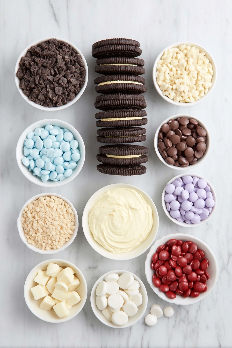 Polar Bear Cookies Recipe 7 Flat lay of a neat stack of a dozen double stuffed sandwich cookies with visible filling, a small pile of assorted brightly colored candy coated chocolates in blue, brown, red, purple, and lighter pastel shades, a collection of smooth white candy melts arranged in a small white ceramic bowl, and a simple white ceramic tube holder holding a neat black icing tube, all arranged in perfect symmetry on a clean white marble surface, soft natural light, photo taken with an iPhone, professional food photography style, fresh ingredients, white ceramic bowls, no bottles, no duplicates, no utensils, no packaging --ar 2:3 --v 7 --p m7354615311229779997 - Polar Bear Cookies, cute holiday cookies, easy cookie recipe, kid-friendly baking ideas, festive cookie treats