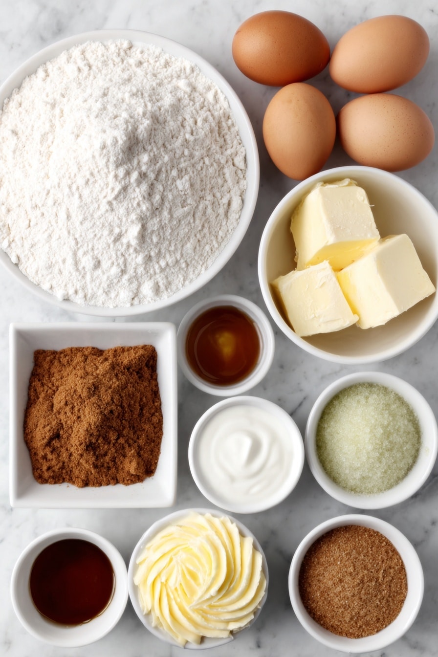 Flat lay of a small mound of all-purpose flour, two types of sugar arranged side by side—light brown sugar and granulated sugar—ground cinnamon, ground ginger, and ground nutmeg arranged in small piles, a chunk of unsalted butter, four whole uncracked brown eggs, a small white bowl of sour cream, a small white bowl of unsweetened apple sauce, a small white bowl of vegetable oil, a small white bowl of vanilla extract, and several small white bowls filled with green, red, yellow, and white buttercream frosting in smooth dollops placed symmetrically, all ingredients fresh and natural, placed on a clean white marble surface, soft natural light, photo taken with an iPhone, professional food photography style, fresh ingredients, white ceramic bowls, no bottles, no duplicates, no utensils, no packaging --ar 2:3 --v 7 --p m7354615311229779997 - Christmas Tree Spice Cake, festive spice cake, holiday layered cake, Christmas dessert, holiday cake decoration