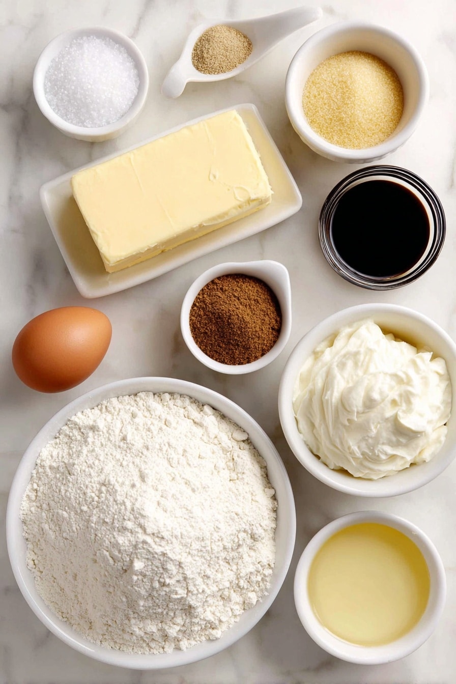 Gingerbread Snowflake Cookies Recipe 7 Flat lay of a stick of softened butter, a small mound of granulated sugar on a simple white ceramic plate, a small white bowl filled with dark amber molasses, a single whole uncracked brown egg, a small white bowl of clear vanilla extract, a neat pile of white all-purpose flour, a small white bowl holding golden ground ginger, another small white bowl with warm brown ground cinnamon, a small white bowl containing pale baking soda powder, a small white bowl with fine allspice powder, a pinch of salt on a white ceramic spoon-shaped dish, a small white bowl with pure white powdered sugar, a small white bowl filled with fresh cream, and a small white bowl containing light golden corn syrup — all perfectly arranged with balanced spacing and symmetry, placed on a clean white marble surface, soft natural light, photo taken with an iPhone, professional food photography style, fresh ingredients, white ceramic bowls, no bottles, no duplicates, no utensils, no packaging --ar 2:3 --v 7 --p m7354615311229779997 - Gingerbread Snowflake Cookies, holiday cookies, Christmas cookie recipe, winter holiday treats, festive gingerbread cookies