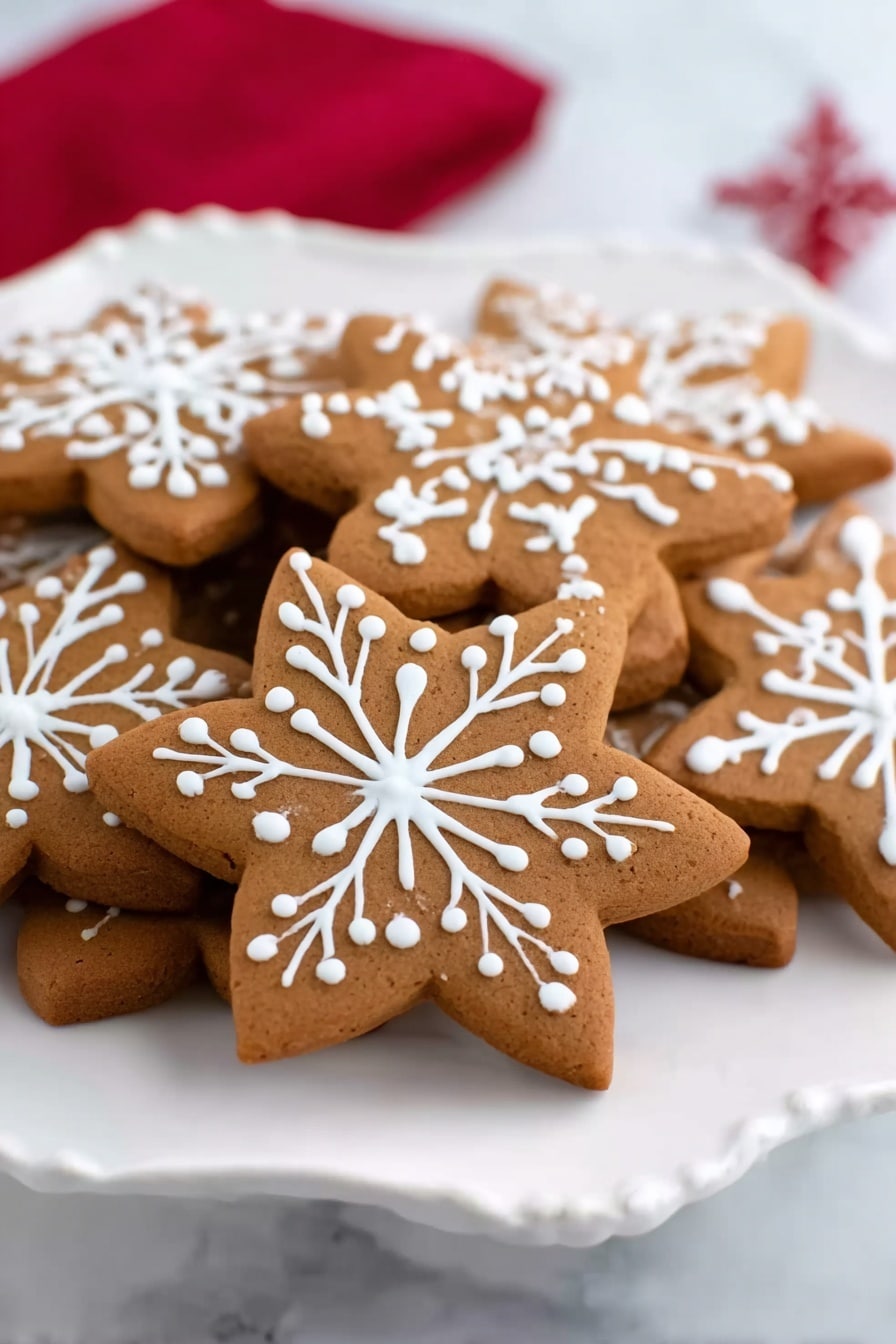Gingerbread Snowflake Cookies Recipe 8 The image shows several star-shaped gingerbread cookies stacked on a white plate with scalloped edges, placed on a surface with a white marbled texture. Each cookie has one layer, colored brown with smooth textures, and is decorated with detailed white icing in the shape of snowflakes, with dots and lines that create a festive pattern. The background has a soft blur with shades of red. Photo taken with an iphone --ar 2:3 --v 7 - Gingerbread Snowflake Cookies, holiday cookies, Christmas cookie recipe, winter holiday treats, festive gingerbread cookies