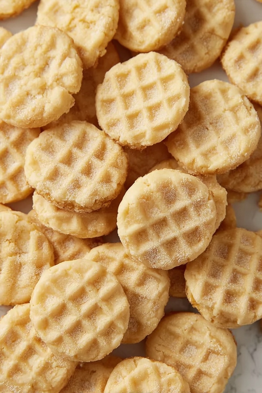 Mini Sugar Cookies Recipe 6 The image shows many small, round cookies with a light golden color scattered close together. Each cookie has a soft texture and a crisscross pattern on top, giving them a waffle-like look. The cookies appear slightly powdery, suggesting a light dusting of sugar or flour on their surface. They vary a bit in thickness, and a few have small bites taken out, showing a tender, crumbly inside. They are placed on a white marbled surface, filling almost the entire frame. photo taken with an iphone --ar 2:3 --v 7 - Mini Sugar Cookies, bite-sized sugar cookies, easy sugar cookies, buttery cookie recipe, party treat cookies
