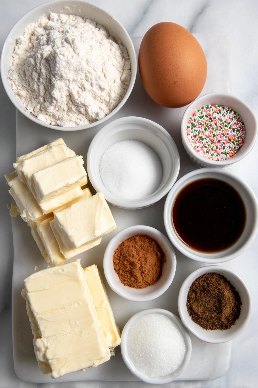 Gingerbread Cookie Bars Recipe 7 Flat lay of a small mound of pale all-purpose flour, a heap of light brown packed dark brown sugar, a smaller heap of fine white granulated sugar, a small white ceramic bowl filled with dark amber molasses, a whole large brown egg with a smooth shell, a few small white ceramic bowls each containing warm-toned ground ginger, cinnamon, allspice, cloves, nutmeg, and black pepper powders, a small white ceramic bowl of melted golden butter, a block of creamy full-fat brick cream cheese, a few sprigs of fresh vanilla bean pods, a small pile of fine white confectioners’ sugar, and a few scattered festive multicolored sprinkles, all arranged with perfect symmetry on a simple white ceramic plate and bowls, placed on a clean white marble surface, soft natural light, photo taken with an iPhone, professional food photography style, fresh ingredients, white ceramic bowls, no bottles, no duplicates, no utensils, no packaging --ar 2:3 --v 7 --p m7354615311229779997 - Gingerbread Cookie Bars, holiday cookie bars, spiced gingerbread bars, easy gingerbread dessert, winter baking treats