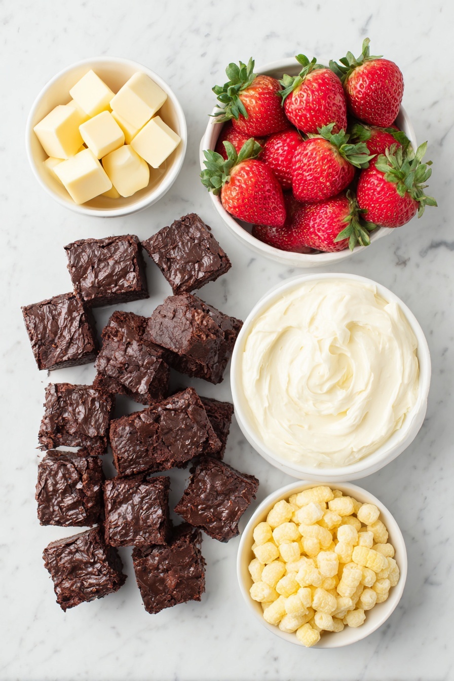 Flat lay of fresh, uncut square brownie bites arranged neatly next to a small white ceramic bowl filled with smooth, creamy white cream cheese frosting, a cluster of vibrant red strawberries with green leafy tops removed and washed, and a pile of single golden Reese’s Puffs cereal pieces, all displayed with perfect symmetry in natural light placed on a clean white marble surface, soft natural light, photo taken with an iPhone, professional food photography style, fresh ingredients, white ceramic bowls, no bottles, no duplicates, no utensils, no packaging --ar 2:3 --v 7 --p m7354615311229779997 - Chocolate Brownie Gnome Bites With Strawberries, adorable brownie bites, fun party desserts, easy gnome themed treats, strawberry and brownie snacks
