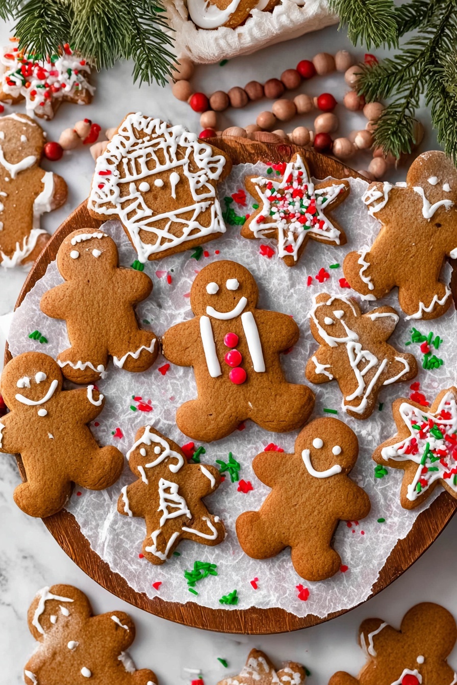 Gingerbread Cookie Recipe 6 A round wooden board holds a layer of crinkled white parchment paper topped with various gingerbread cookies in playful shapes and sizes. The largest cookie, a gingerbread person, sits near the center with white icing outlining suspenders and three red round candies for buttons. Surrounding it are multiple smaller gingerbread people decorated with white icing in different patterns, some with red icing accents and small white or red round sprinkles. There is a gingerbread house at the upper left, decorated with white icing, and some star-shaped cookies covered fully in white icing or red icing. The cookies rest on colorful Christmas-themed sprinkles shaped like trees, dots, and rods in green, red, and white. At the top of the board, some evergreen branches and a string of large round wooden and red beads add a festive touch. The background is a white marbled texture. Photo taken with an iphone --ar 2:3 --v 7 - Gingerbread Cookies, Holiday Cookie Recipes, Festive Gingerbread Cookies, Soft Gingerbread Cookies, Christmas Cookie Ideas