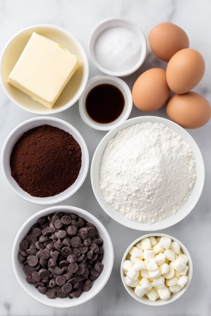 Hot Chocolate Cookies Recipe 7 Flat lay of a small white ceramic bowl of softened pale yellow butter, a small white bowl filled with granulated white sugar, a small white bowl with packed rich brown sugar, two whole brown eggs with smooth shells, a small white bowl of clear vanilla extract, a simple white bowl heaped with all-purpose flour, a small white bowl containing dark brown instant hot cocoa powder, a small white bowl of deep brown baking cocoa powder, a small white bowl with fine white salt crystals, a small white bowl of pale off-white baking soda powder, a small white bowl of pale baking powder, a small white bowl filled with plump vanilla marshmallow bits, and a small white bowl holding shiny dark brown semisweet chocolate chips, arranged with perfect symmetry and balanced proportions, placed on a clean white marble surface, soft natural light, photo taken with an iPhone, professional food photography style, fresh ingredients, white ceramic bowls, no bottles, no duplicates, no utensils, no packaging --ar 2:3 --v 7 --p m7354615311229779997 - Hot Chocolate Cookies, Hot Chocolate Cookies Recipe, best hot chocolate cookies, easy hot chocolate cookie recipe, chewy hot chocolate cookies