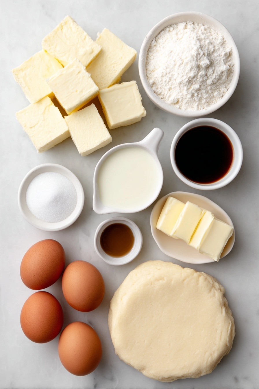 Easy Bread Pudding Pie Recipe 7 Flat lay of fresh cubed white bread, two whole uncracked brown eggs, a small white ceramic bowl of milk, a small white ceramic bowl of granulated sugar, a small white ceramic bowl of vanilla extract, a small white ceramic bowl of ground nutmeg, two small pats of butter, and a simple round disc of rolled pie dough, all arranged symmetrically on a clean white marble surface, soft natural light, photo taken with an iPhone, professional food photography style, fresh ingredients, white ceramic bowls, no bottles, no duplicates, no utensils, no packaging --ar 2:3 --v 7 --p m7354615311229779997 - Easy Bread Pudding Pie, bread pudding pie with flaky crust, comforting dessert recipes, quick dessert ideas, cozy baked pudding