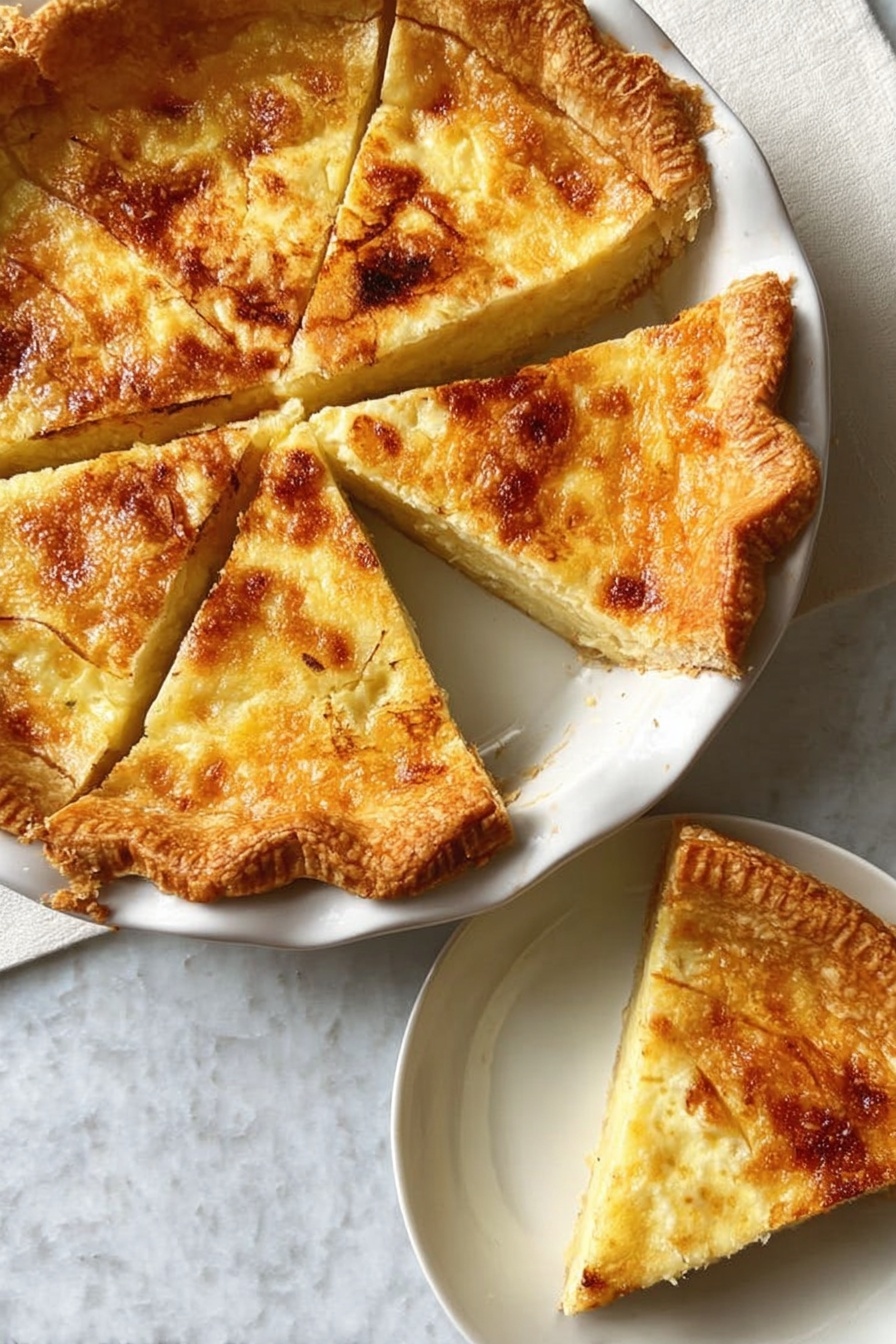 Easy Bread Pudding Pie Recipe 6 A golden pie with a flaky crust is cut into several triangular slices arranged in a white pie dish. The top layer shows a slightly browned, creamy filling with a smooth texture and some bubbly spots. One slice is placed separately on a white plate beside the pie. The whole setup rests on a white marbled surface. photo taken with an iphone --ar 2:3 --v 7 - Easy Bread Pudding Pie, bread pudding pie with flaky crust, comforting dessert recipes, quick dessert ideas, cozy baked pudding