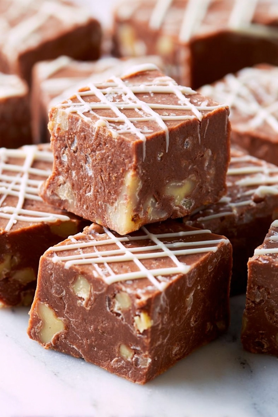 Decadent Holiday Fudge Recipe 6 The image shows several square pieces of thick brown fudge with visible small nut chunks inside. The fudge pieces are stacked and laid out closely on a white marbled surface. Each piece is decorated with thin white icing lines crisscrossing over the top, forming a simple grid pattern. The texture of the fudge looks smooth but firm, with a slight shine on the surface. One piece is balanced on top of the others, showing the rough edges and the nut bits inside. photo taken with an iphone --ar 2:3 --v 7 - Decadent Holiday Fudge, holiday fudge recipe, creamy chocolate fudge, easy festive fudge, holiday dessert ideas