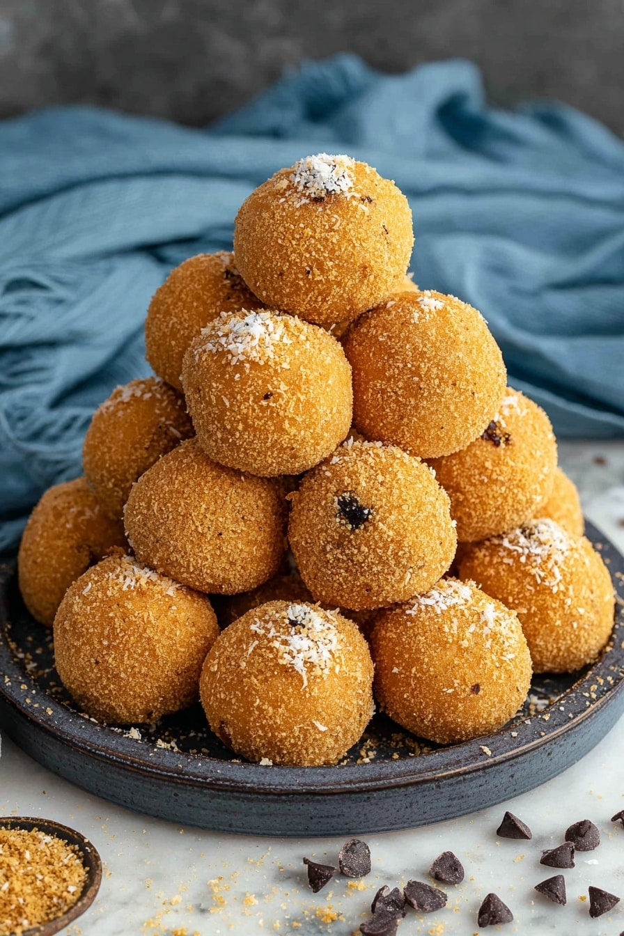 A round pile of about twenty golden brown balls covered in fine crumb coating stacked on a dark, round tray. Each ball has a slightly rough texture with small white flakes speckled on them. Around the tray, there are some loose golden crumbs and dark chocolate chips scattered on a white marbled surface. Behind the tray, a soft blue cloth is casually draped in folds. The photo is taken with an iphone --ar 2:3 --v 7 - Moose Farts Coconut Truffles, coconut truffles recipe, no-bake coconut treats, easy coconut truffles, holiday coconut desserts