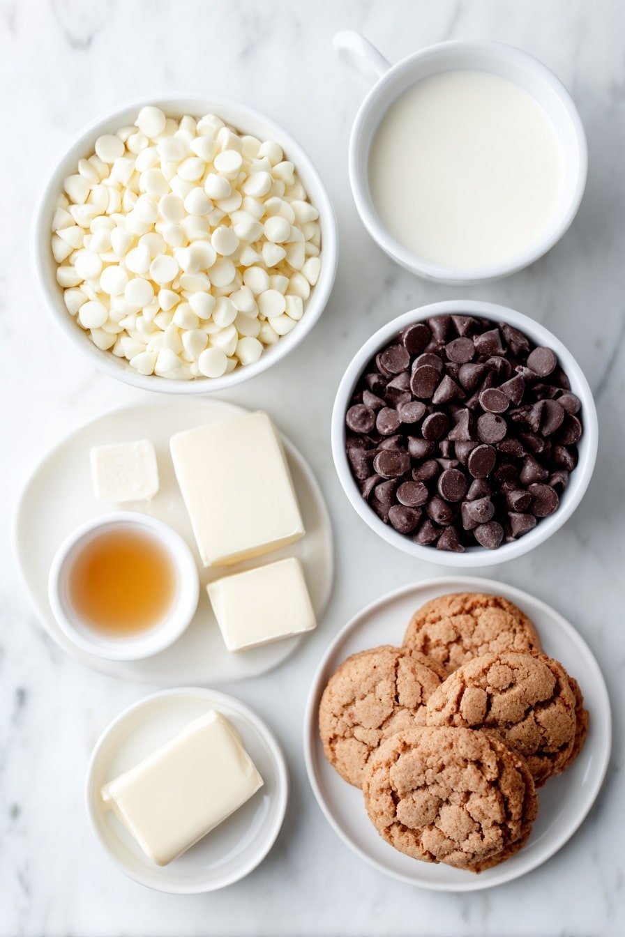 Flat lay of fresh white chocolate chips heaped on a simple white ceramic plate, a small white bowl filled with thick sweetened condensed milk, a few small cubes of pale yellow butter on a white dish, a small white bowl containing golden vanilla extract, a neat pile of crumbled chocolate chip cookies on a white plate, and a small white bowl with glossy mini chocolate chips, all arranged in perfect symmetry and balanced proportions, placed on a clean white marble surface, soft natural light, photo taken with an iPhone, professional food photography style, fresh ingredients, white ceramic bowls, no bottles, no duplicates, no utensils, no packaging --ar 2:3 --v 7 --p m7354615311229779997 - Milk and Cookies Fudge, white chocolate cookie fudge, nostalgic cookie fudge, easy homemade fudge, no-bake cookie fudge