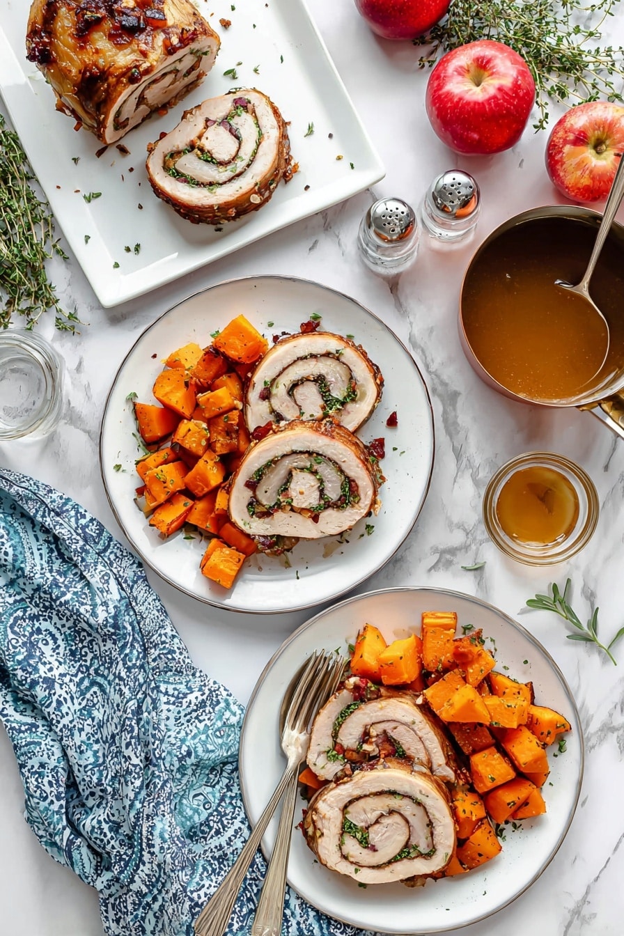 The image shows two white plates each holding slices of rolled roasted meat with a visible spiral of stuffing inside, featuring a mix of green herbs, red bits, and light nuts or bread crumbs. Next to the meat on each plate are chunky orange roasted sweet potatoes garnished with small green herb leaves. A silver fork rests on the bottom plate near the sweet potatoes. In the upper left corner, there is a white rectangular platter with more rolled meat, one slice cut and laying flat. Nearby are two small glass salt and pepper shakers and a small plant pot with a sprig of green herbs. Whole red apples are scattered on the white marbled surface, along with a clear container of golden liquid and a small copper pot holding a rich brown gravy with a silver ladle inside. The overall background is a clean white marble, and a blue-patterned white cloth is draped partly under one plate. Photo taken with an iphone --ar 2:3 --v 7 - Apple Bacon Stuffed Pork Loin, pork loin stuffed with apple and bacon, savory stuffed pork recipes, easy pork loin recipes, holiday pork main dish