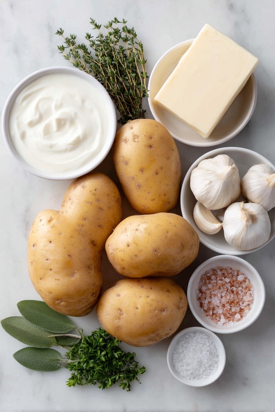 Flat lay of fresh whole Yukon Gold potatoes with smooth yellow skins, a few sprigs of vibrant green fresh thyme, three large sage leaves with soft green texture, four large peeled garlic cloves, a small white ceramic bowl of creamy milk, a small white ceramic bowl of heavy cream, a simple white ceramic dish with a stick of rich golden butter, a small white ceramic bowl of pink sea salt crystals, a small white ceramic bowl containing fine garlic powder, and a few sprigs of fresh chopped parsley carefully arranged, all placed on a clean white marble surface, soft natural light, photo taken with an iPhone, professional food photography style, fresh ingredients, white ceramic bowls, no bottles, no duplicates, no utensils, no packaging --ar 2:3 --v 7 --p m7354615311229779997 - Garlic Herb Mashed Potatoes, creamy garlic mashed potatoes, herb mashed potatoes, holiday mashed potato side, easy mashed potato recipe