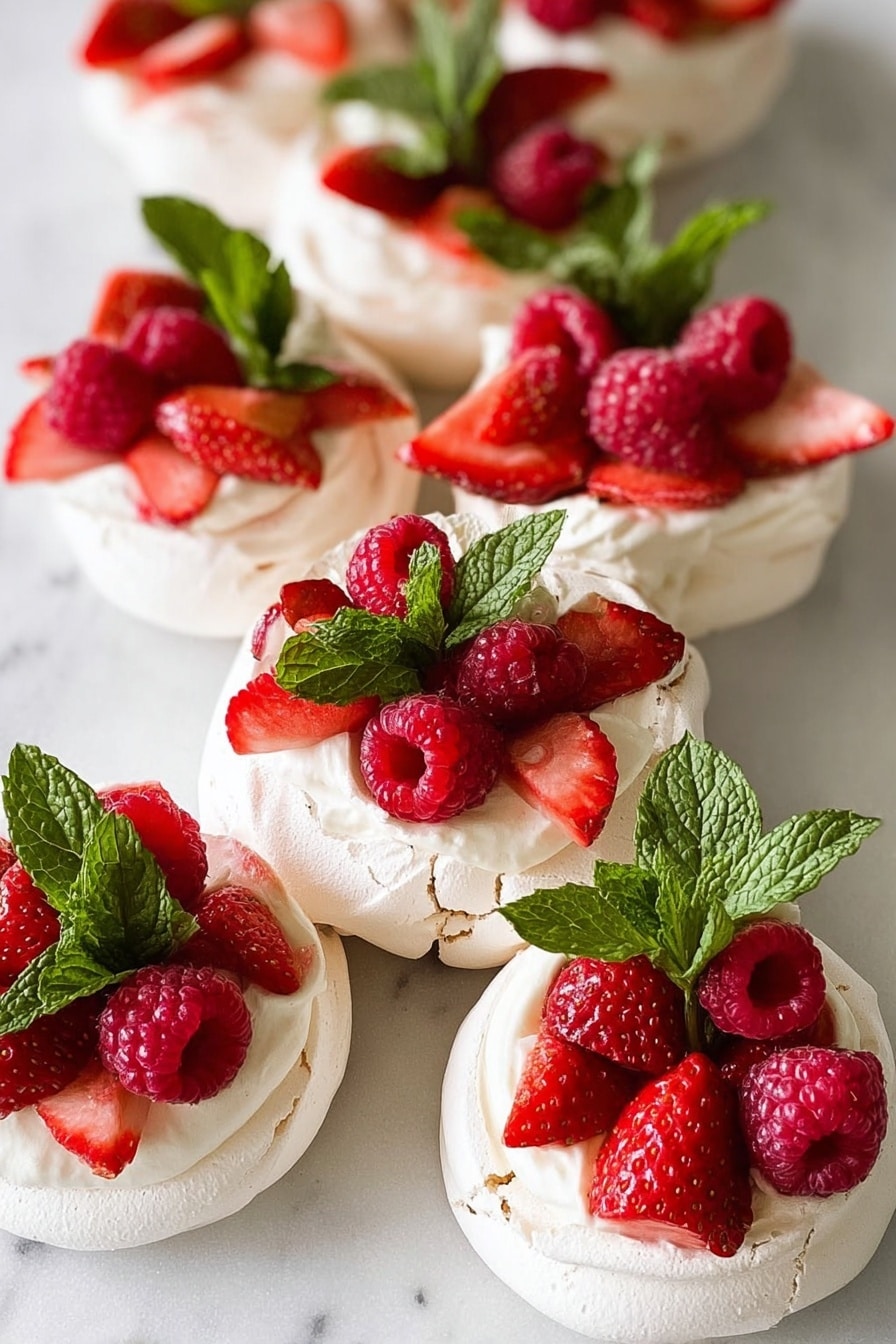 The image shows several small round white meringue nests arranged close together on a white marbled surface. Each meringue nest has a rough but smooth texture and is topped with a layer of white cream. Bright red halved strawberries with green leaves and whole red raspberries are scattered on top of the cream in each nest. Fresh green mint leaves add a touch of color and freshness, placed carefully on and around the berries. The colors are vibrant with a strong contrast between the white meringue, red berries, and green mint leaves. The photo was taken with an iphone --ar 2:3 --v 7 - Pull Apart Pavlova Wreath with Fresh Fruit, Pavlova wreath with fresh fruit, festive pavlova dessert, holidays fruit pavlova, easy pavlova presentation