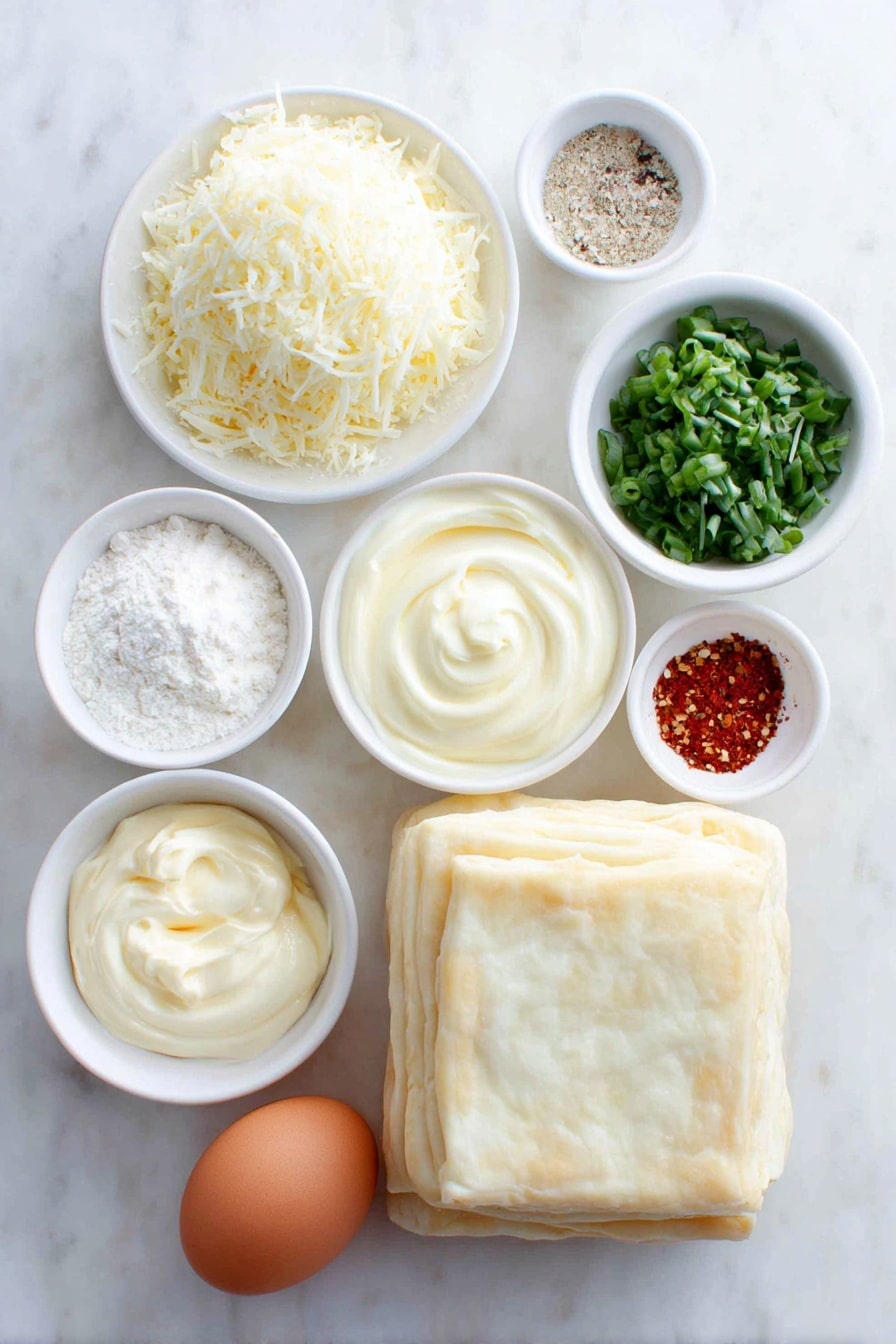 Flat lay of a block of soft cream cheese, a small white bowl of grated Parmesan cheese, a small white bowl of smooth mayonnaise, a small white bowl of garlic powder, a small white bowl of onion powder, a small white bowl of ground black pepper, a small white bowl with red pepper flakes, a simple white ceramic bowl containing fresh chopped spinach, a sheet of cold puff pastry dough on a white ceramic plate, and one whole uncracked brown egg in a white bowl, all arranged symmetrically and balanced, placed on a clean white marble surface, soft natural light, photo taken with an iPhone, professional food photography style, fresh ingredients, white ceramic bowls, no bottles, no duplicates, no utensils, no packaging --ar 2:3 --v 7 --p m7354615311229779997 - Spinach Dip Pinwheels, spinach puff pastry appetizers, easy spinach dip appetizers, party finger foods, savory pinwheel recipes