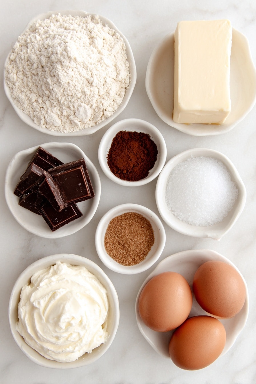 Flat lay of a small mound of plain flour, a block of vegan butter with a smooth surface, a few tablespoons of dark molasses in a small white bowl, a small white bowl filled with ground ginger powder, another small white bowl with ground cinnamon, a third small white bowl holding allspice powder, a tiny heap of ground nutmeg, a pinch of sea salt in a small white bowl, a few strands of fresh orange zest, a simple pile of dark chocolate chunks, a small white bowl filled with thick coconut cream, a small white bowl with amber pure maple syrup, a small white bowl containing pomegranate seeds, and two whole clean uncracked brown eggs, all arranged symmetrically and naturally on a clean white marble surface, soft natural light, photo taken with an iPhone, professional food photography style, fresh ingredients, white ceramic bowls, no bottles, no duplicates, no utensils, no packaging --ar 2:3 --v 7 --p m7354615311229779997 - Vegan Gingerbread Chocolate Tart, plant-based holiday desserts, festive vegan desserts, gingerbread chocolate tart, dairy-free chocolate tart recipe