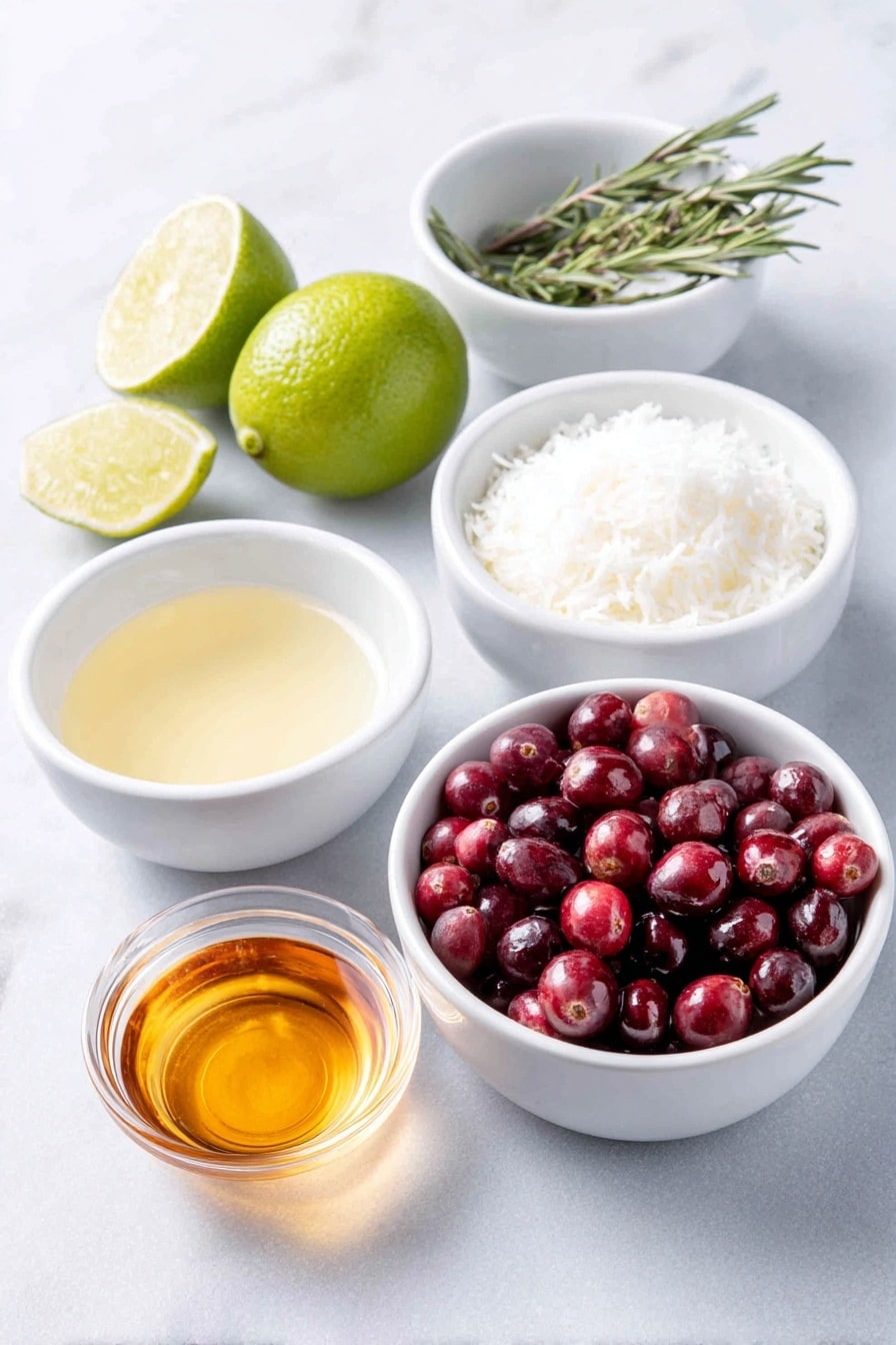 White Christmas Margarita Recipe 7 Flat lay of a fresh halved lime with visible juice, a small white ceramic bowl filled with shredded unsweetened coconut, a delicate sprig of fresh rosemary, a cluster of bright red cranberries, a small white bowl containing creamy white coconut cream, a small white bowl with clear lime juice, a small white bowl of golden tequila blanco, and a small white bowl of amber Cointreau, all arranged symmetrically on a clean white marble surface, soft natural light, photo taken with an iPhone, professional food photography style, fresh ingredients, white ceramic bowls, no bottles, no duplicates, no utensils, no packaging --ar 2:3 --v 7 --p m7354615311229779997 - White Christmas Margarita, Christmas margarita recipe, holiday cocktail drinks, festive margarita with coconut, winter wonderland cocktail