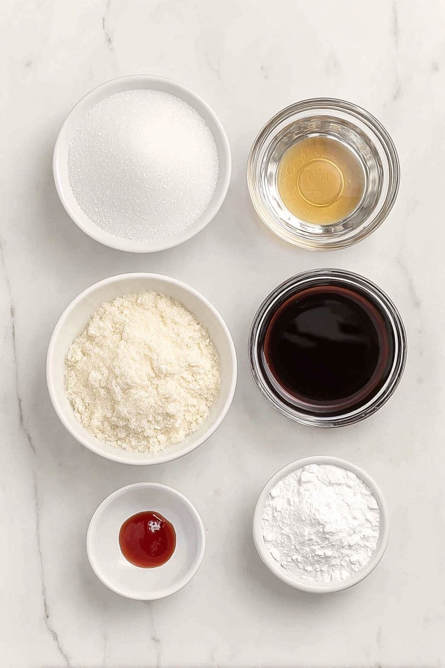 Flat lay of a small pile of granulated white sugar, a small white ceramic bowl of light golden corn syrup, a small white ceramic bowl of clear water, a small white ceramic bowl with bright red liquid food coloring droplets, a small white ceramic bowl with vibrant orange liquid food coloring droplets, a small white ceramic bowl with yellow liquid food coloring droplets, a small white ceramic bowl with green liquid food coloring droplets, a small white ceramic bowl containing clear oil flavoring, and a small mound of fine white powdered sugar, all arranged in perfect symmetry on a clean white marble surface, soft natural light, photo taken with an iPhone, professional food photography style, fresh ingredients, white ceramic bowls, no bottles, no duplicates, no utensils, no packaging --ar 2:3 --v 7 --p m7354615311229779997 - Homemade Hard Candy, easy candy making, best hard candy recipe, glass-like candies, customizable candy flavors