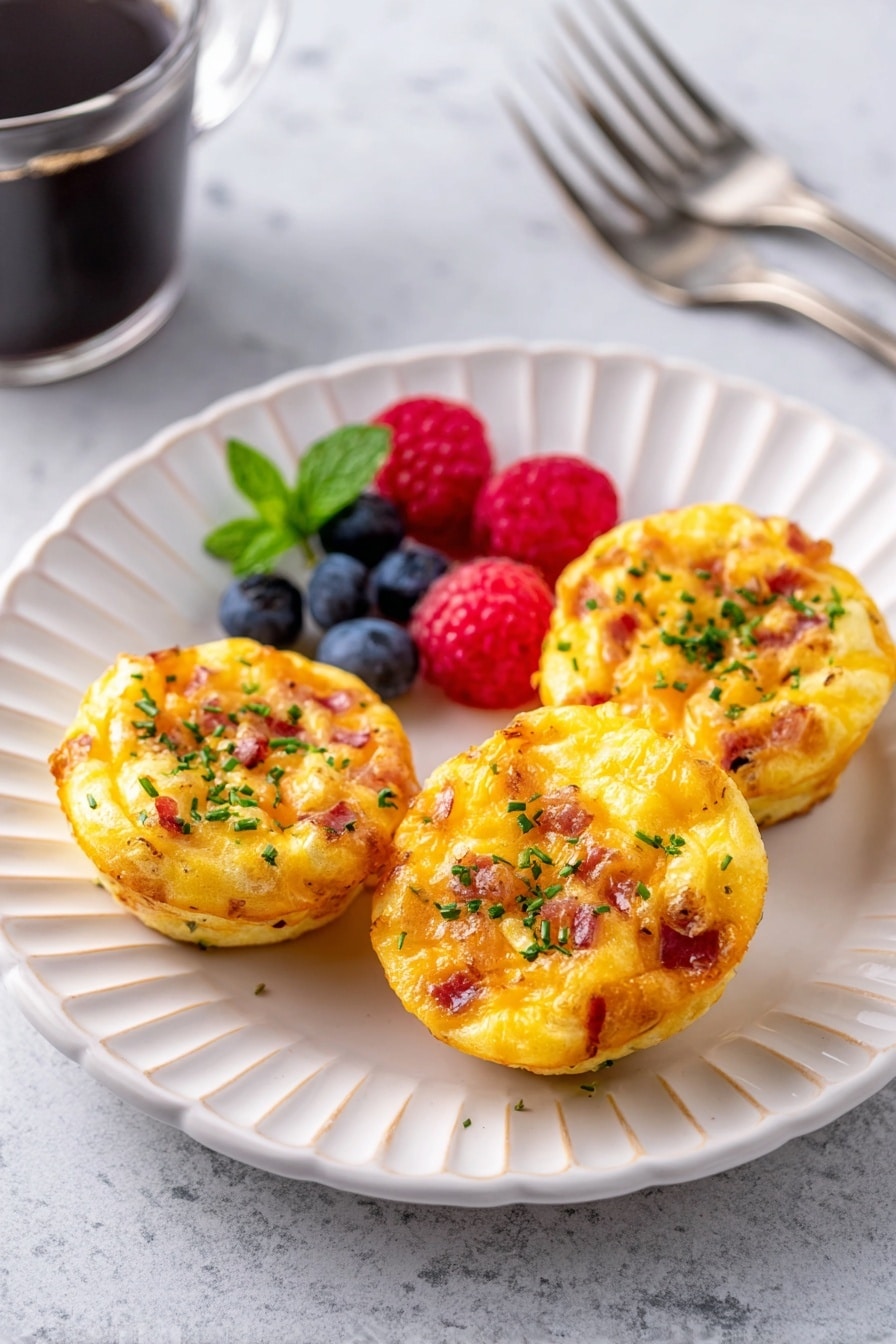 A white scalloped plate holds three small, round egg muffins that are golden yellow with orange spots from baked cheese and bits of reddish-brown ham, sprinkled lightly with finely chopped green herbs. To the side of the muffins, there is a small pile of fresh berries, including several bright red raspberries and deep blue blueberries, with a small sprig of green mint on top. The plate is placed on a white marbled textured surface, and there is a glass of dark coffee slightly blurred in the background on the left, with a silver fork on the right. Photo taken with an iphone --ar 2:3 --v 7 - Homemade Egg Bites with Veggies and Cheese, healthy egg bites recipe, easy breakfast egg bites, veggie egg bites, cheesy egg bites