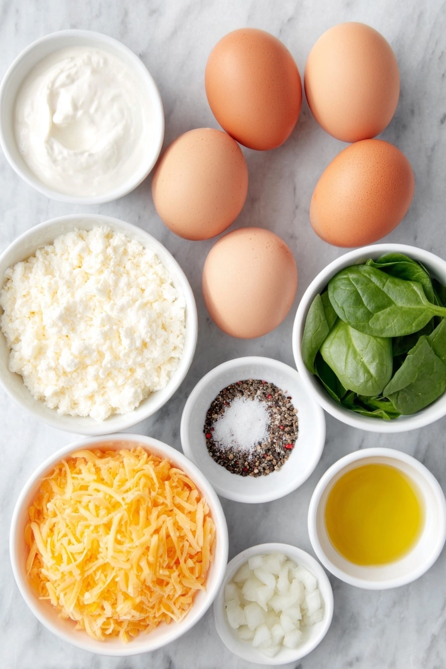 Flat lay of eight whole uncracked large brown eggs, a small white ceramic bowl of creamy plain Greek yogurt, a small white ceramic bowl filled with shredded yellow and white cheese blend, a few fresh green spinach leaves, a small pile of diced red and yellow bell pepper, a small white ceramic bowl with finely diced white onion, a small white ceramic bowl containing coarse black pepper, a small white ceramic bowl with fine sea salt, and a small white ceramic bowl of golden olive oil, all arranged in perfect symmetry on a clean white marble surface, soft natural light, photo taken with an iPhone, professional food photography style, fresh ingredients, white ceramic bowls, no bottles, no duplicates, no utensils, no packaging --ar 2:3 --v 7 --p m7354615311229779997 - Creamy Greek Yogurt Egg Bites, healthy breakfast ideas, protein-packed egg bites, easy make-ahead breakfast, fluffy baked egg bites