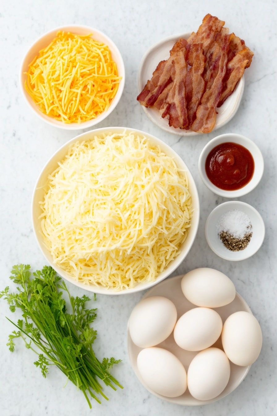 Flat lay of a white ceramic bowl filled with thawed shredded golden hash browns, a cluster of eight large whole eggs with clean shells arranged in a semi-circle, a small white bowl of shredded sharp cheddar cheese, four strips of cooked crispy bacon crumbled loosely next to the cheese, a small white bowl containing coarse kosher salt, a small white bowl with ground black pepper, a few fresh green chive sprigs and a small bunch of curly parsley leaves, and a small white bowl holding vibrant red hot sauce, all arranged with perfect symmetry and balanced proportions, placed on a clean white marble surface, soft natural light, photo taken with an iPhone, professional food photography style, fresh ingredients, white ceramic bowls, no bottles, no duplicates, no utensils, no packaging --ar 2:3 --v 7 --p m7354615311229779997 - Hash Brown Egg Cups, Hash Brown Egg Cups recipe, breakfast egg cups, cheesy bacon breakfast cups, easy brunch recipes