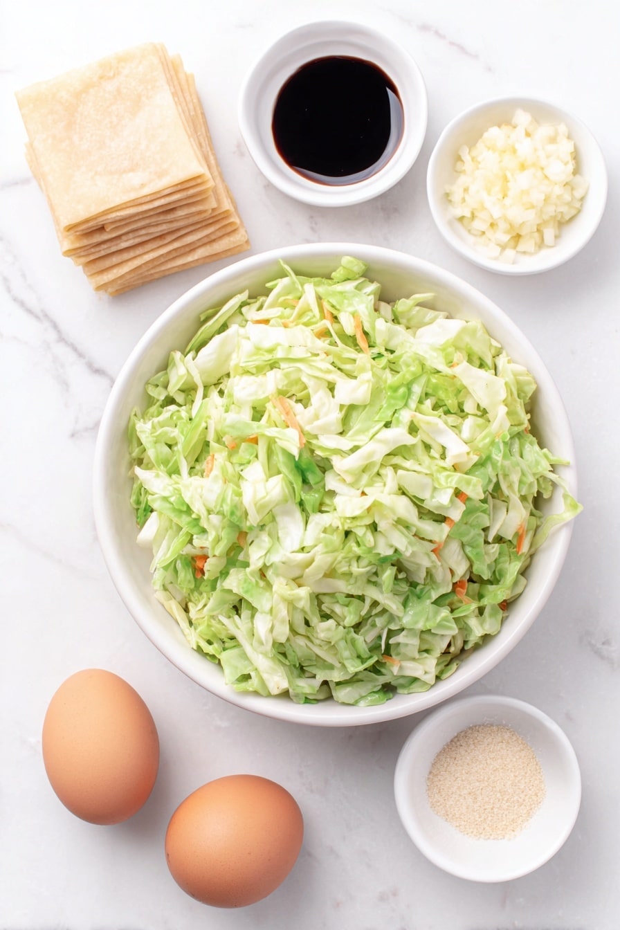 Crispy Oven Baked Egg Rolls Recipe 7 Flat lay of fresh shredded green cabbage and bright orange carrot cole slaw mix arranged loosely in a simple white ceramic bowl, a small white bowl filled with finely minced garlic, another small white bowl containing smooth dark soy sauce, a tiny white bowl with pale beige ground ginger powder, two whole uncracked brown eggs beside a stack of square, thin, pale egg roll wrappers neatly aligned, a sprinkling of coarse salt and freshly cracked black peppercorns placed artfully on the white marble surface, all elements balanced symmetrically, natural soft light enhancing the textures and colors, photo taken with an iPhone, professional food photography style, fresh ingredients, white ceramic bowls, no bottles, no duplicates, no utensils, no packaging --ar 2:3 --v 7 --p m7354615311229779997 - Crispy Oven Baked Egg Rolls, baked egg rolls, crispy egg rolls, healthy egg roll recipe, oven-baked appetizer
