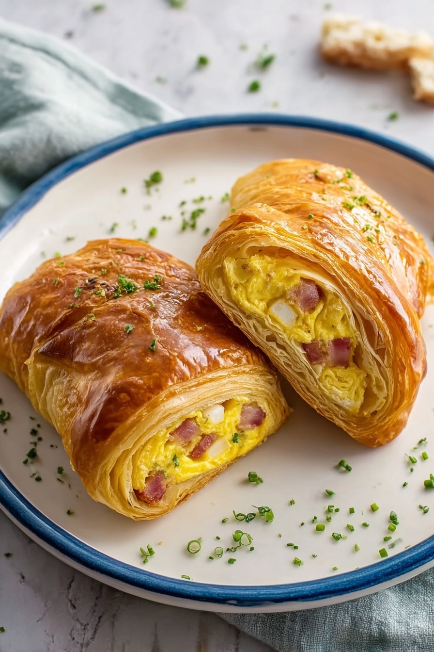 Two pieces of golden brown flaky pastry rolls sit on a white plate with blue floral patterns. Each roll is cut open to show three layers inside: the outer shiny, layered pastry shell; the middle soft, yellow scrambled eggs; and the inner pinkish square of ham. Small green chopped herbs are sprinkled around the rolls on the plate. The plate is placed on a white marbled surface with blurred wooden elements in the background. Photo taken with an iphone --ar 2:3 --v 7 - Cheddar Sausage Egg Breakfast Roll-Ups, breakfast roll-ups, easy breakfast recipes, savory breakfast ideas, quick morning breakfast