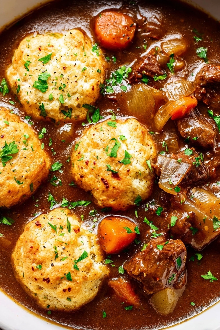 Slow Cooker Beef Stew with Dumplings Recipe 8 This close-up image shows a rich brown stew filled with chunks of tender meat and bright orange carrot pieces. On top, there are five round, light golden biscuits with a slightly crispy texture, each sprinkled with fresh green parsley leaves that add a pop of color. The thick brown gravy looks smooth and shiny, surrounding the ingredients, with small pieces of onion visible. The whole dish is on a white marbled surface. photo taken with an iphone --ar 2:3 --v 7 - Slow Cooker Beef Stew with Dumplings, Beef Stew with Dumplings, Easy Beef Stew Recipe, Hearty Slow Cooker Dinner, Comforting Beef Stew