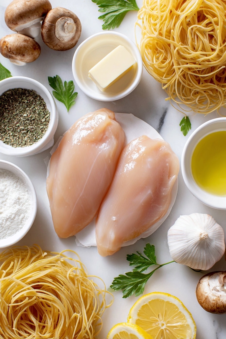 Flat lay of boneless skinless chicken breasts, kosher salt in a small white bowl, freshly ground black pepper in a small white bowl, two cloves of garlic, quartered cremini mushrooms, dry Marsala wine in a small white bowl, a pat of unsalted butter on a white ceramic dish, water in a small white bowl, cornstarch in a small white bowl, heavy cream in a small white bowl, freshly squeezed lemon juice in a small white bowl, uncooked angel hair pasta nest, fresh parsley leaves, lemon wedges arranged neatly, placed on a clean white marble surface, soft natural light, photo taken with an iPhone, professional food photography style, fresh ingredients, white ceramic bowls, no bottles, no duplicates, no utensils, no packaging --ar 2:3 --v 7 --p m7354615311229779997 - Slow Cooker Chicken Marsala, Chicken Marsala recipe, easy Chicken Marsala, slow cooker chicken dishes, comforting Italian chicken